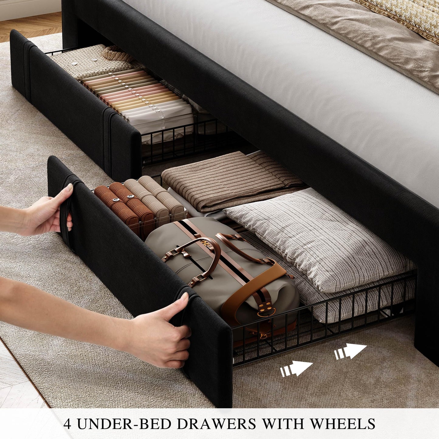 YITAHOME Queen Size Bed Frame with Adjustable Headboard, 4 Storage Drawers and RGB LED Lights, Velvet Upholstered Platform Bed with USB Ports, No Box Spring Needed, Fast Assembly, Noise-Free, Black