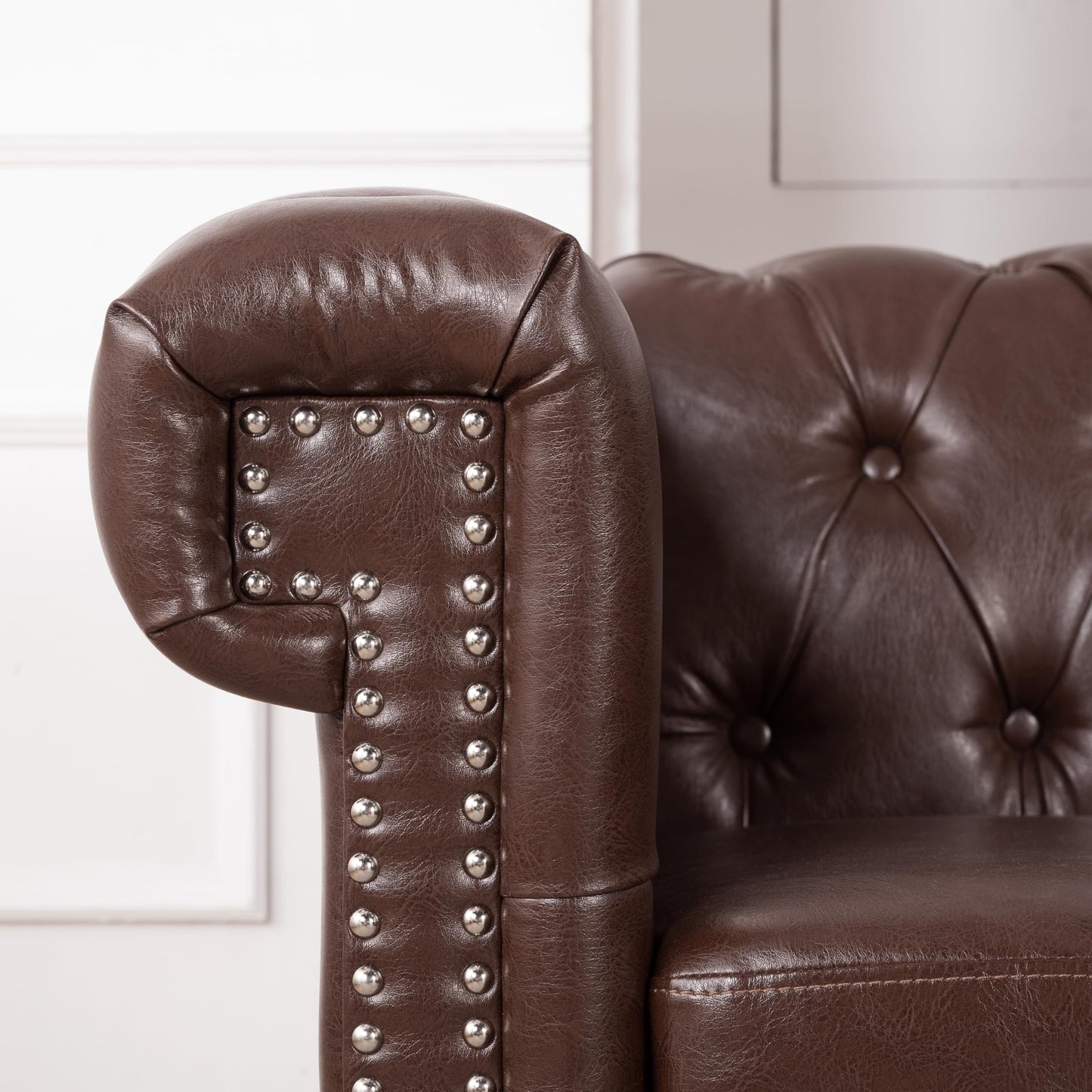 GDFStudio 85" x 85" L-Shaped Chesterfield Sectional Sofa, Tufted PU Leather Corner Couch with Rolled Arms, 5 Seat Mid-Century Modern Sectional Sofas & Couches for Living Room Bedroom, Dark Brown