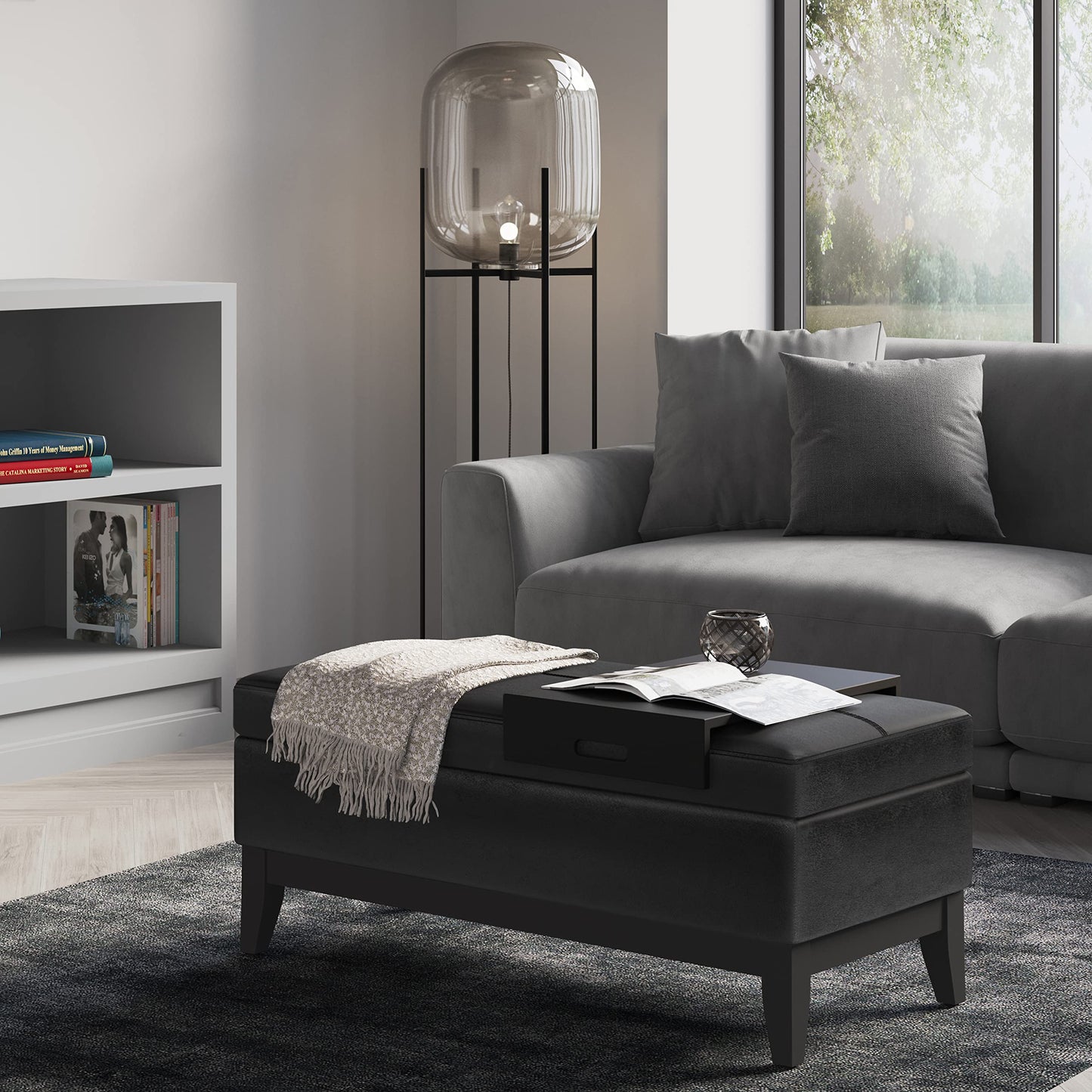 SIMPLIHOME Oregon Storage Ottoman Bench with Tray - 42 inch Wide Upholstered Vegan Leather Rectangle Ottoman Bench in Distressed Black, Transitional Tufted Ottoman for Living Room with Lift-Up Lid