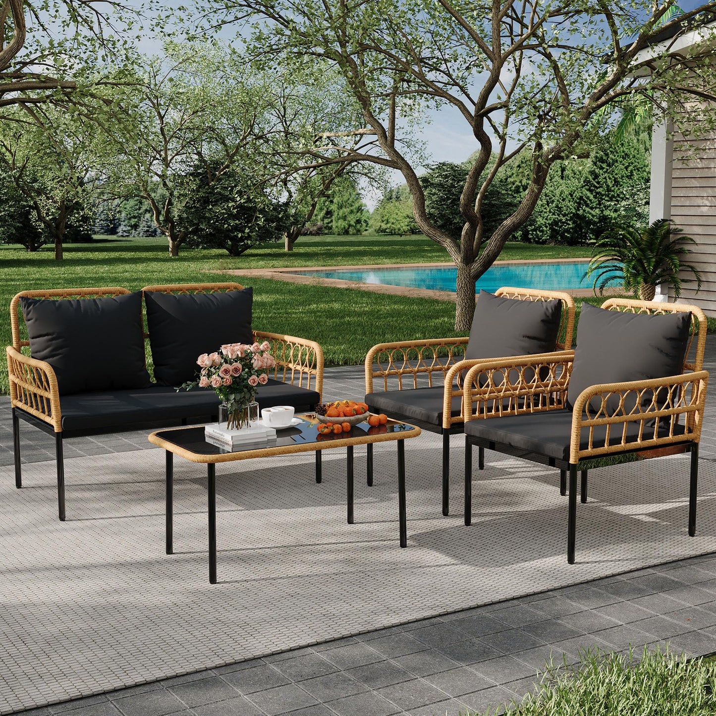 GarveeLife 4 Pieces Patio Furniture Sets Wicker Outdoor Patio Table and Chairs Set with Glass Side Table, Loveseat Chairs, Boho Rattan Conversation Sets for Apartment, Bistro, Backyard, Porch, Black