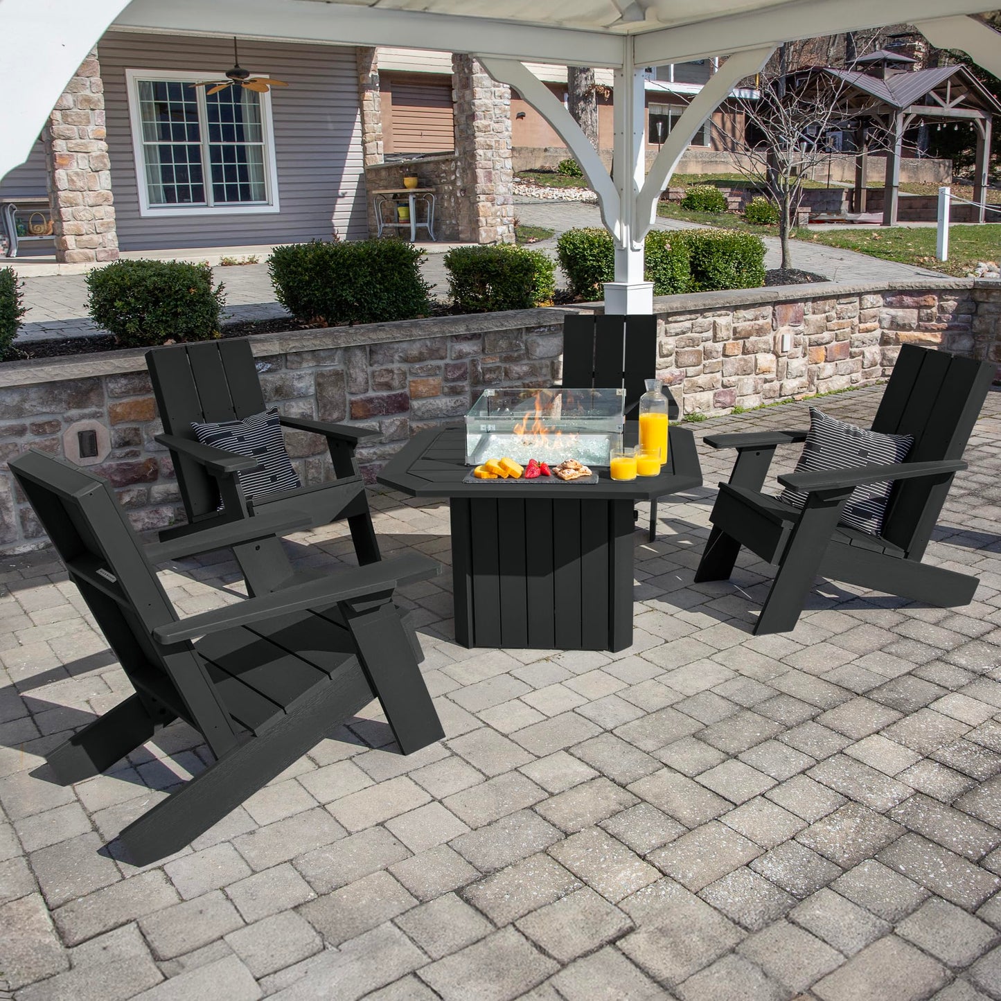 Oasis 5-Piece Conversation Set with Fire Pit Table, 4 Italica Modern Adirondack Chairs and 40” Fire Pit Table with Glass Wind Guard and Rain Cover, Black
