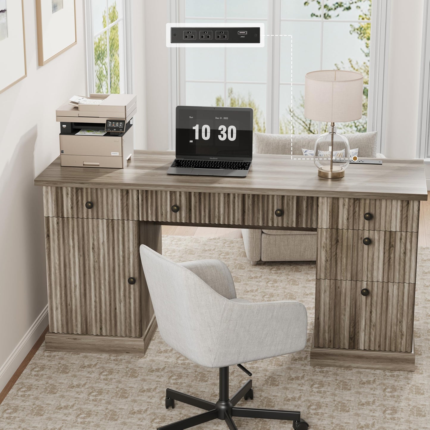 Garvee 60" Office Desk with Storage & Drawers. Fluted Wood Computer Desk with Power Outlet & Adjustable Shelves.Modern Executive Desk for Home Office/Bedroom/Gaming-Grey