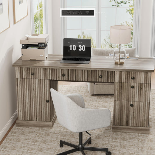 Garvee 60" Office Desk with Storage & Drawers. Fluted Wood Computer Desk with Power Outlet & Adjustable Shelves.Modern Executive Desk for Home Office/Bedroom/Gaming-Grey