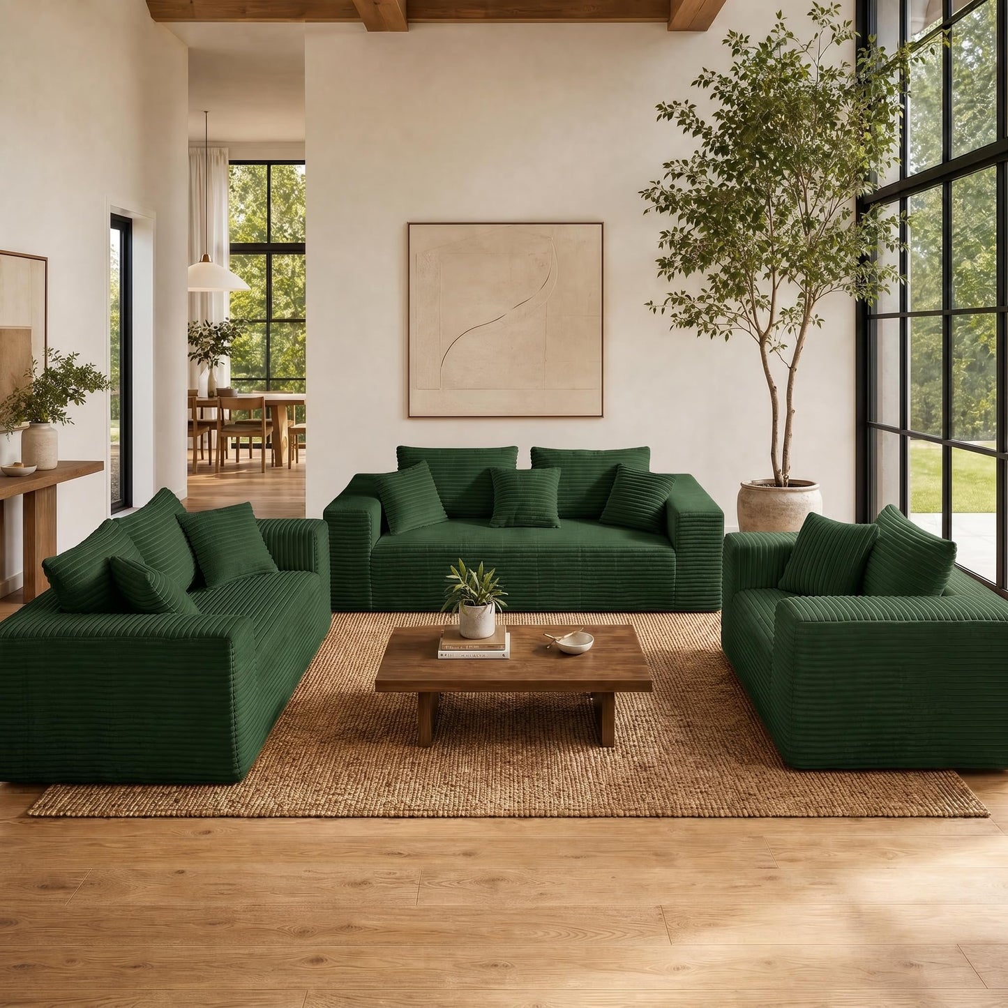 Trygoal 3-Pieces Sectional Boneless Couch Set for Living Room, Oversized Couch Including 3-Seater & 2-Seater & Single Chair, Deep Seat Sofa Set with Armrests & Pillows,No Assembly Required, Green