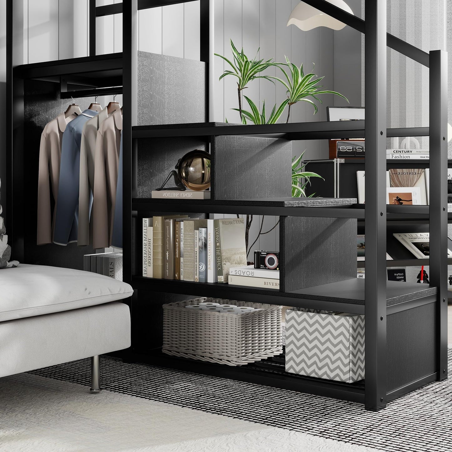KEIKI Queen Size Metal Loft Bed Frame with Convertible Staircase, Built-in Storage Shelves and Wardrobe, Loft Bed with Solid Slats, Guardrail, No Box Spring Required, Easy Assembly, for Bedroom, Black
