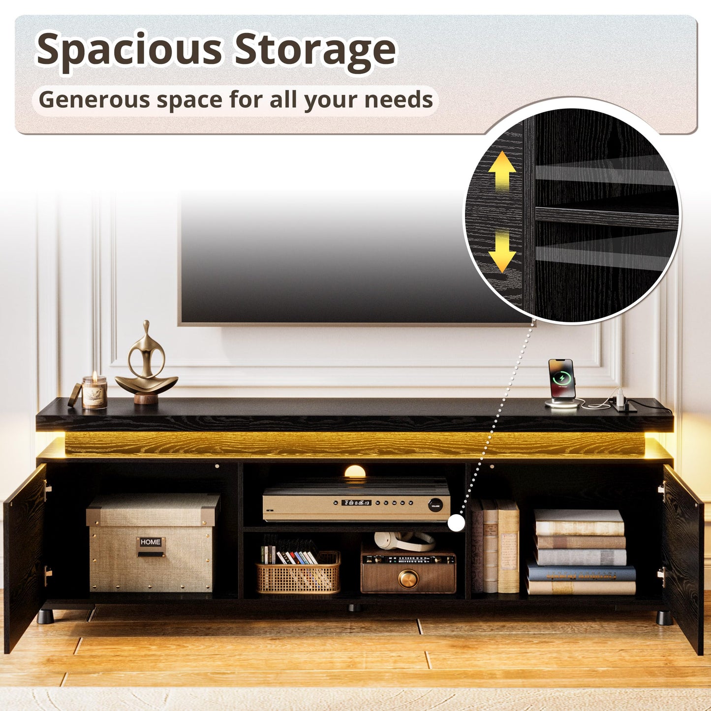 IRONCK TV Stand for 85 inch TV, TV Console with LED Lights and Power Outlet, Long Entertainment Center with Cabinets and Storage Shelves, TV Stand Black for Bedroom Living Room