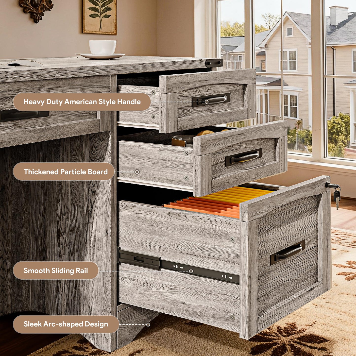 Decofy Farmhouse Executive Desk with Drawers, 55" Home Office Desks with Fast Charging Station, Lockable File Cabinet, Wood Writing Computer Desk for Work, Study, Grey