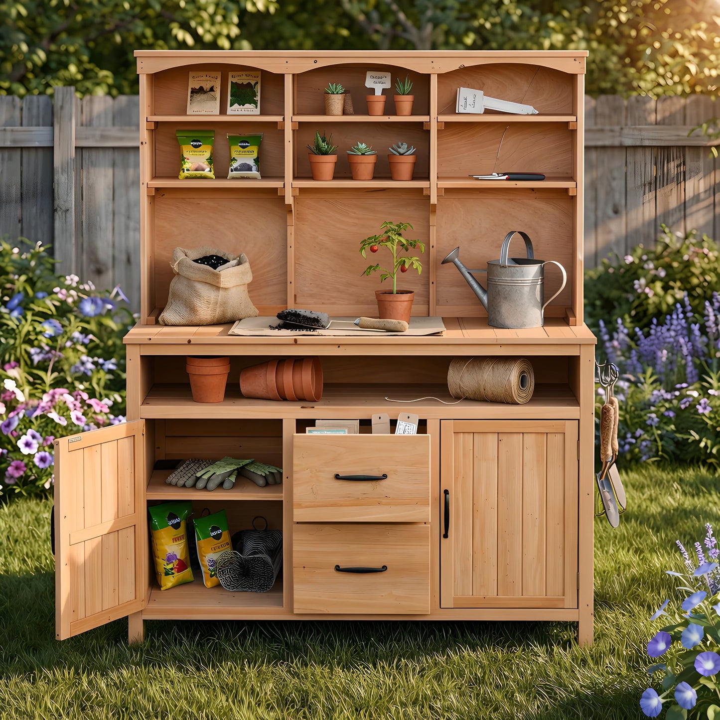GDFStudio Junley Outdoor Storage Bench Table with Cabinet, Patio Wooden Potting Bench Plant Bench, Large Garden Storage Work Bench with Drawers, Cabinets, Hooks and Countertop, Kitchen Island, Natural