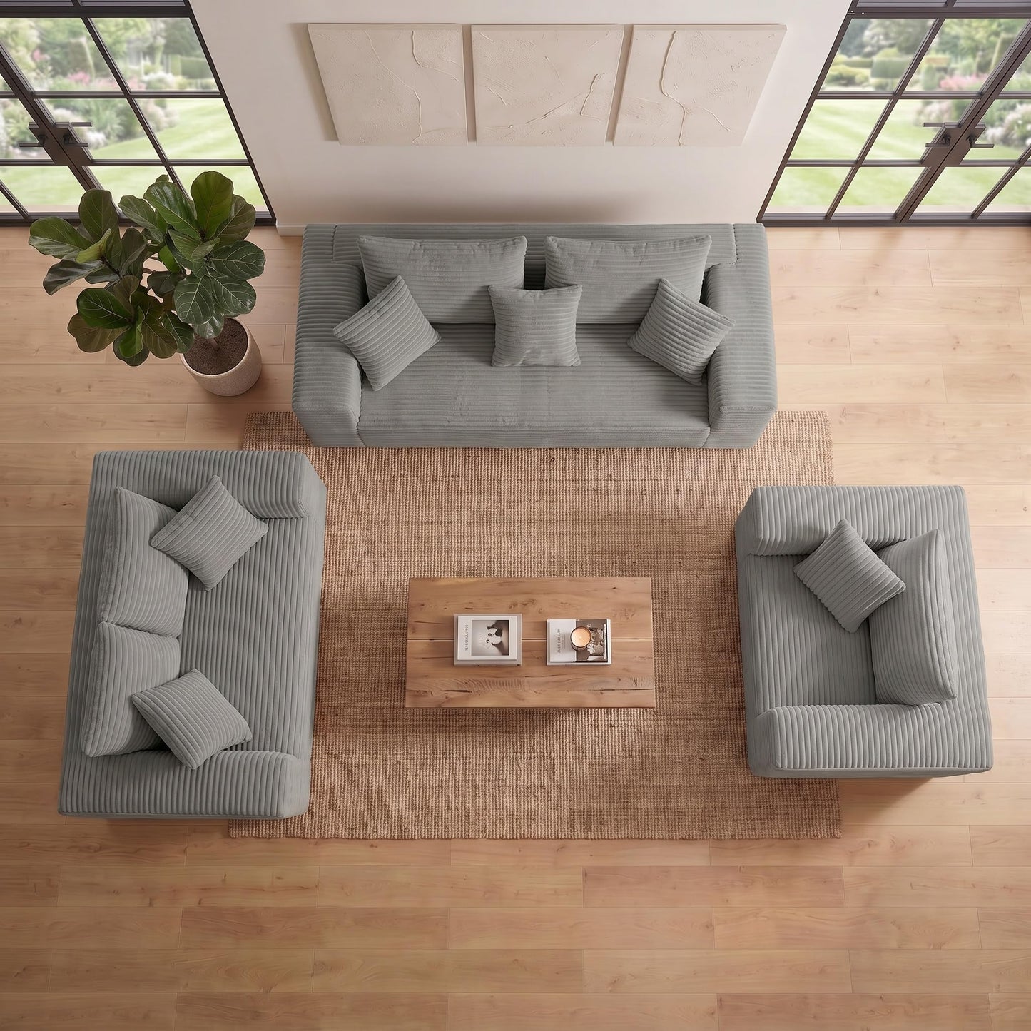 Trygoal 3-Pieces Sectional Boneless Couch Set for Living Room, Oversized Couch Including 3-Seater & 2-Seater & Single Chair, Deep Seat Sofa Set with Armrests & Pillows,No Assembly Required, Light Gray