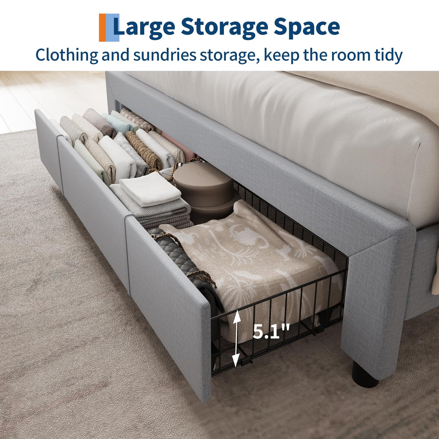 Queen Size Upholstered Platform Bed Frame with Storage Headboard and Charging Station (2 USB & AC), Drawers, Uniform Wood Slats, No Box Spring Needed, Noise-Free, Easy Assembly, Light Gray