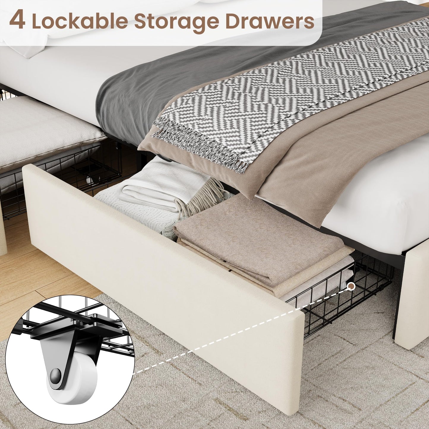 GarveeHome Queen Size Bed Frame, Velvet Upholstered Storage Bed with 4 Drawers, Adjustable Headboard, Modern Bedroom Furniture, Beige