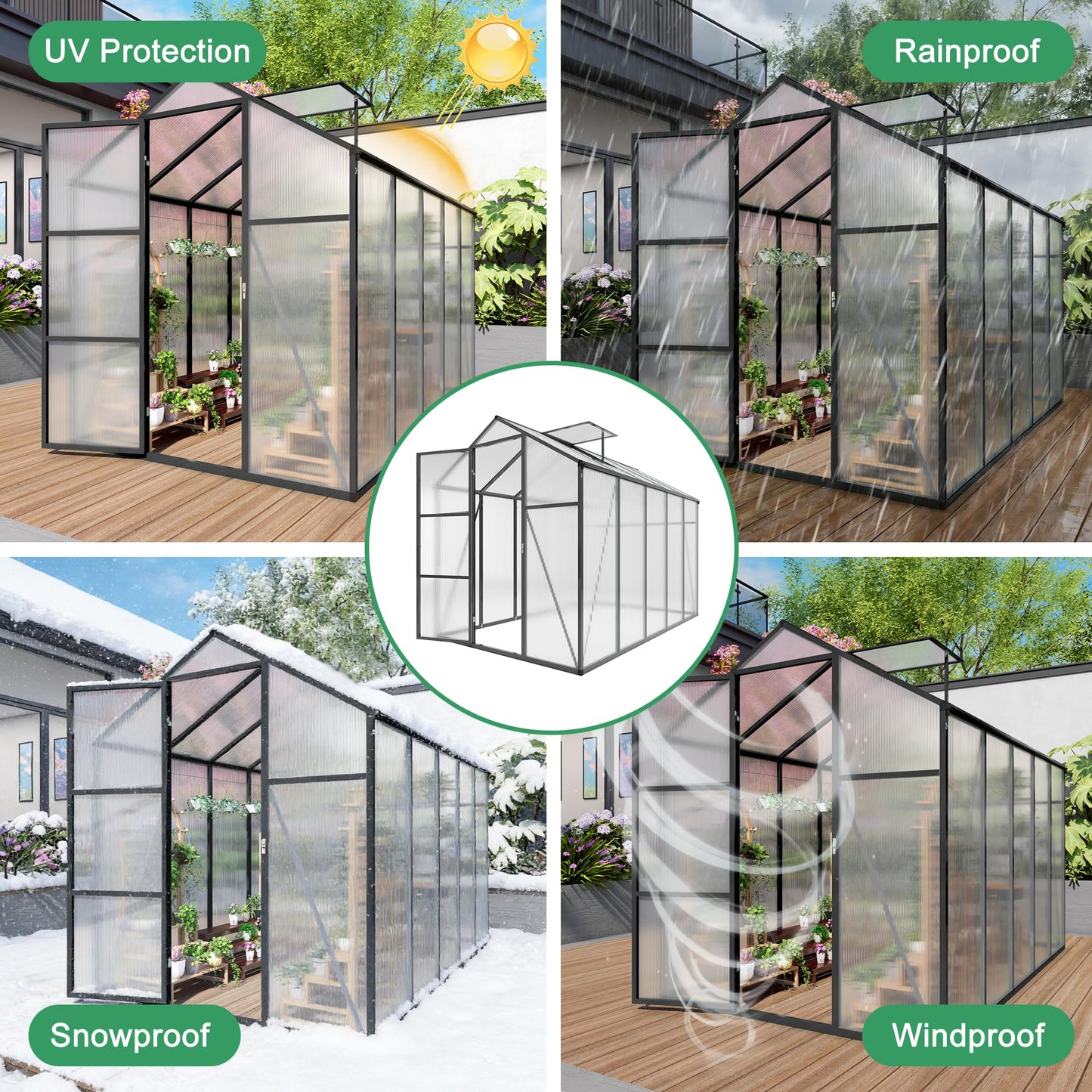 6x14FT Polycarbonate Greenhouse Kit, Aluminum Frame Walk in Garden Greenhouse with Vent Windows & Rain Gutter, UV Resistant Plant Nursery House for Backyard Patio Plant Growing Shelter Large