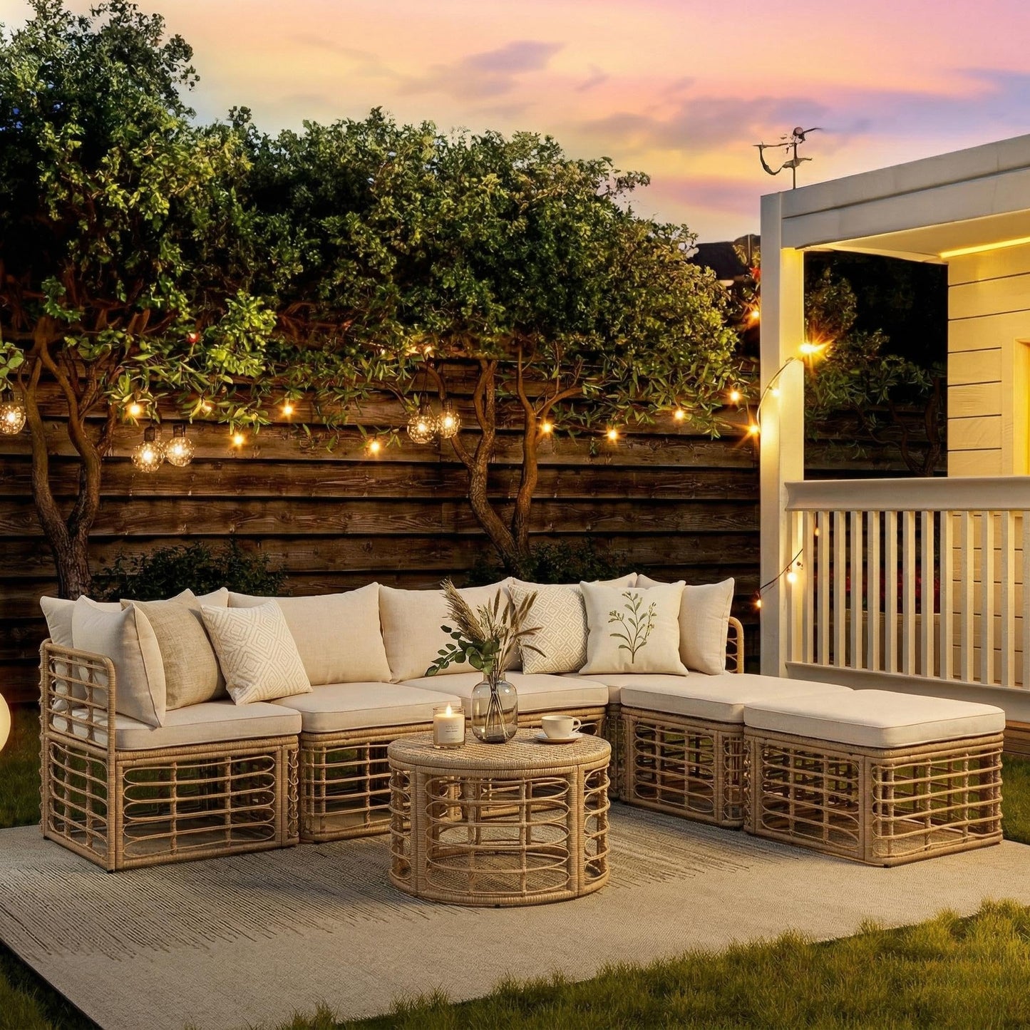 Merax 7 Pieces Rattan Outdoor Patio Furniture Set, All-Weather Sectional Sofa Set with Thick Cushions and Pillows, Freely Combined Conversation Sets for Garden Backyard Balcony (Beige)