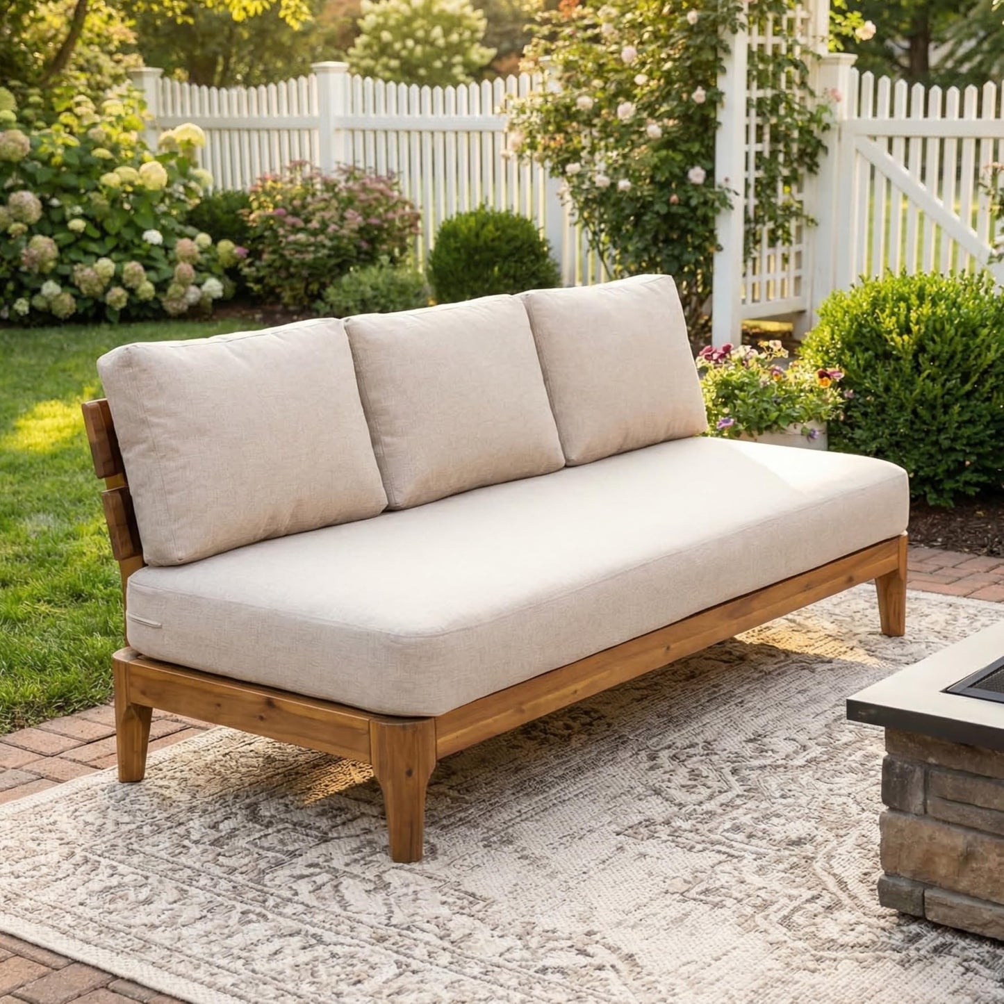 Merax 1 Piece Patio Outdoor Furniture Set, All-Weather Acacia Wood 3-Seater Sofa with Cushions for Porch, Lawn, Backyard, Balcony Teak+ Beige