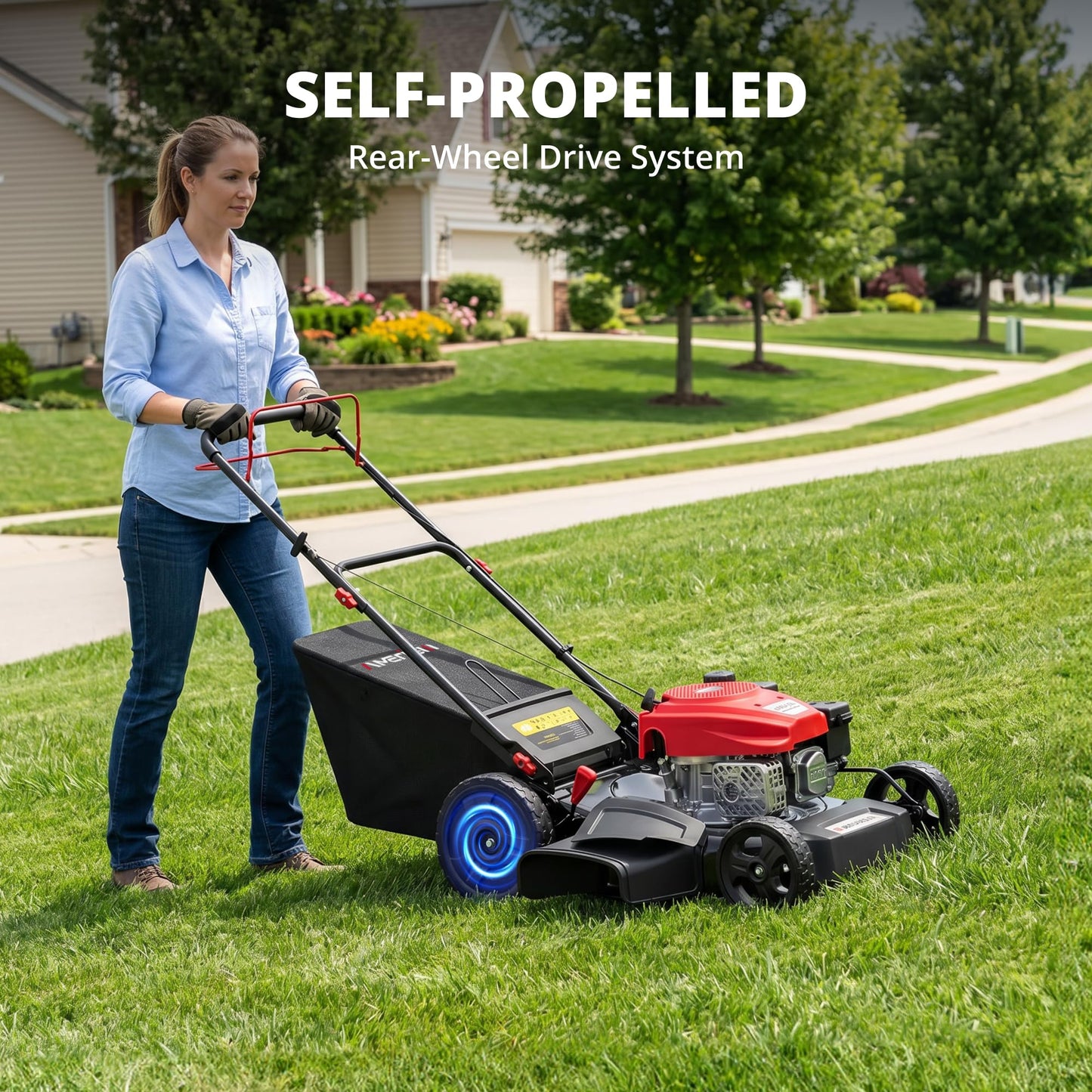 AMERISUN Gas Lawn Mower, 170cc OHV Engine with Forced Air Cooling, 21" Steel Deck, 3-in-1 Mulching/Bagging/Side Discharge, 6 Cutting Heights, 1.4-Bushel Grass Catcher, Self-Propelled
