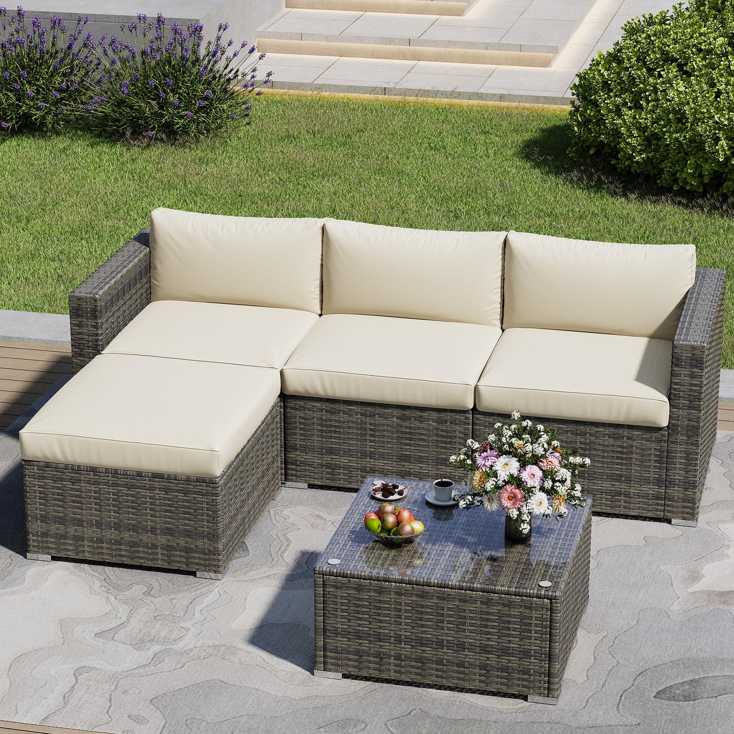 SUNVIVI OUTDOOR Outdoor Patio Furniture Set, 5 Piece Patio Conversation Set, Waterproof Wicker Patio Furniture Set, All Weather Combination Patio Conversation Sets with Cushions and Glass Table, Beige