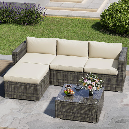 SUNVIVI OUTDOOR Outdoor Patio Furniture Set, 5 Piece Patio Conversation Set, Waterproof Wicker Patio Furniture Set, All Weather Combination Patio Conversation Sets with Cushions and Glass Table, Beige