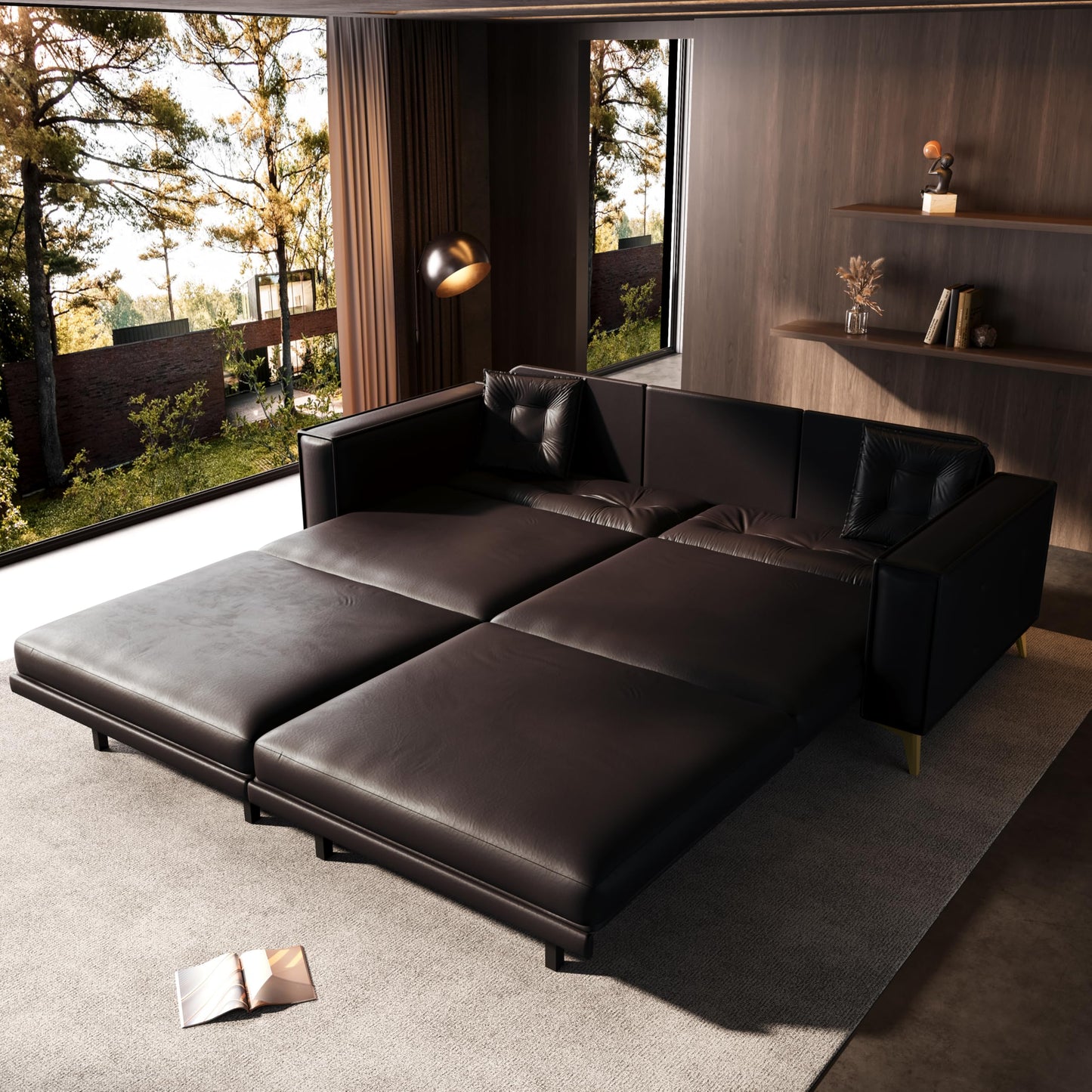 KEIKI 92.1" King Size Pull Out Sofa Bed, 3-in-1 Faux Leather Convertible Sleeper Clouch with 2 Pillows, 4-Seater Sofa Bed for Living Room, Apartment, Office, Dark Brown