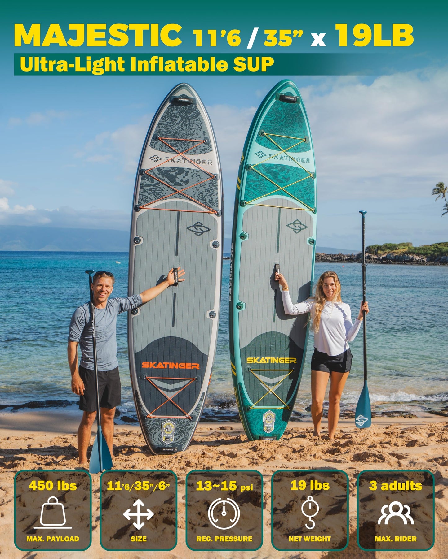Skatinger 11'6×35" Super Wide Inflatable Paddle Board, Premium Woven Drop-Stitch Tech, 450lb/3 People/Family Paddle Board, Shoulder Strap, 100L Backpack, Ultra-Light, All-Round Sup Board
