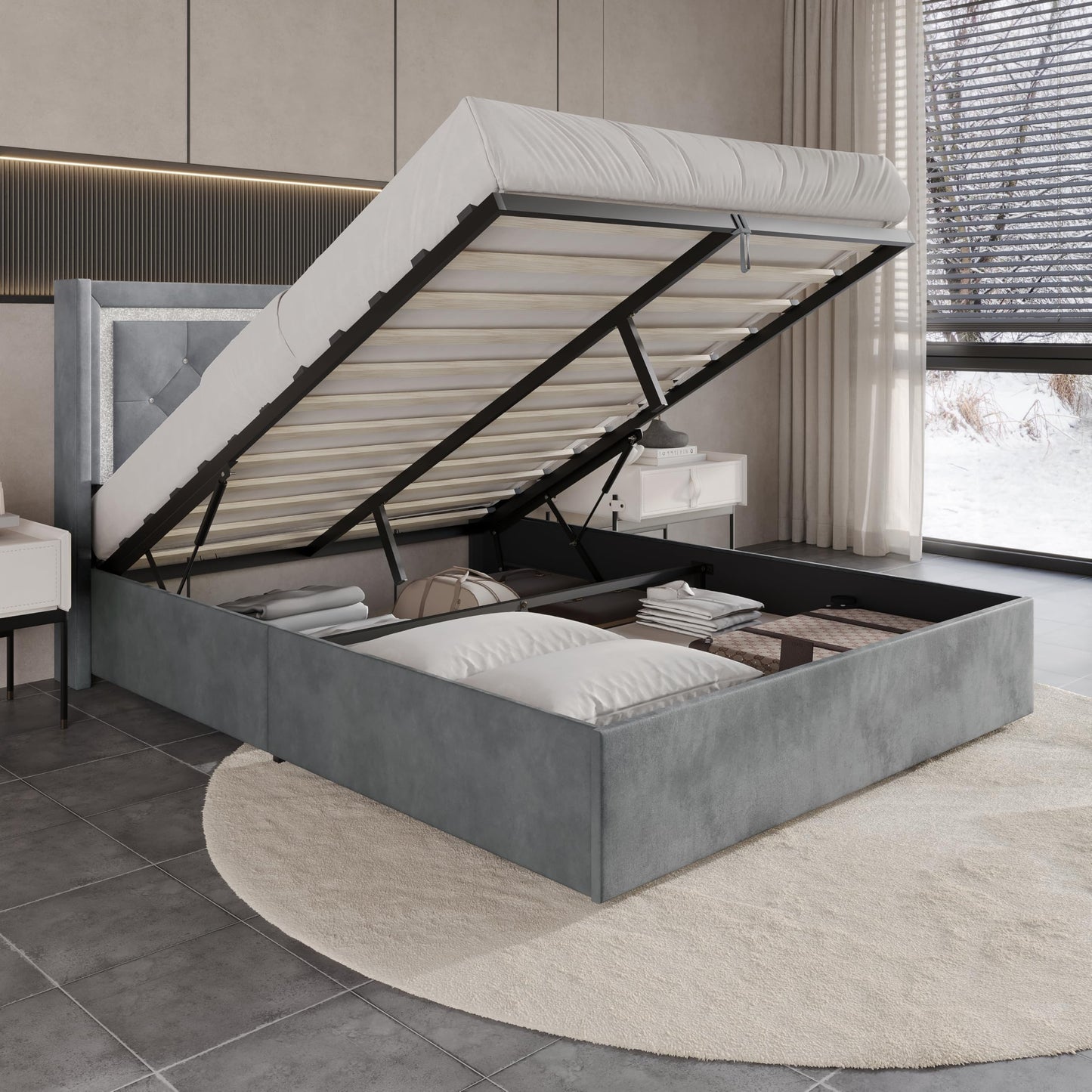 Castle Place Queen Wingback Velvet Upholstered Platform Lift-Up Storage Bed, Crystal Button Diamond Tufted and Diamond Strip Design, Light Grey