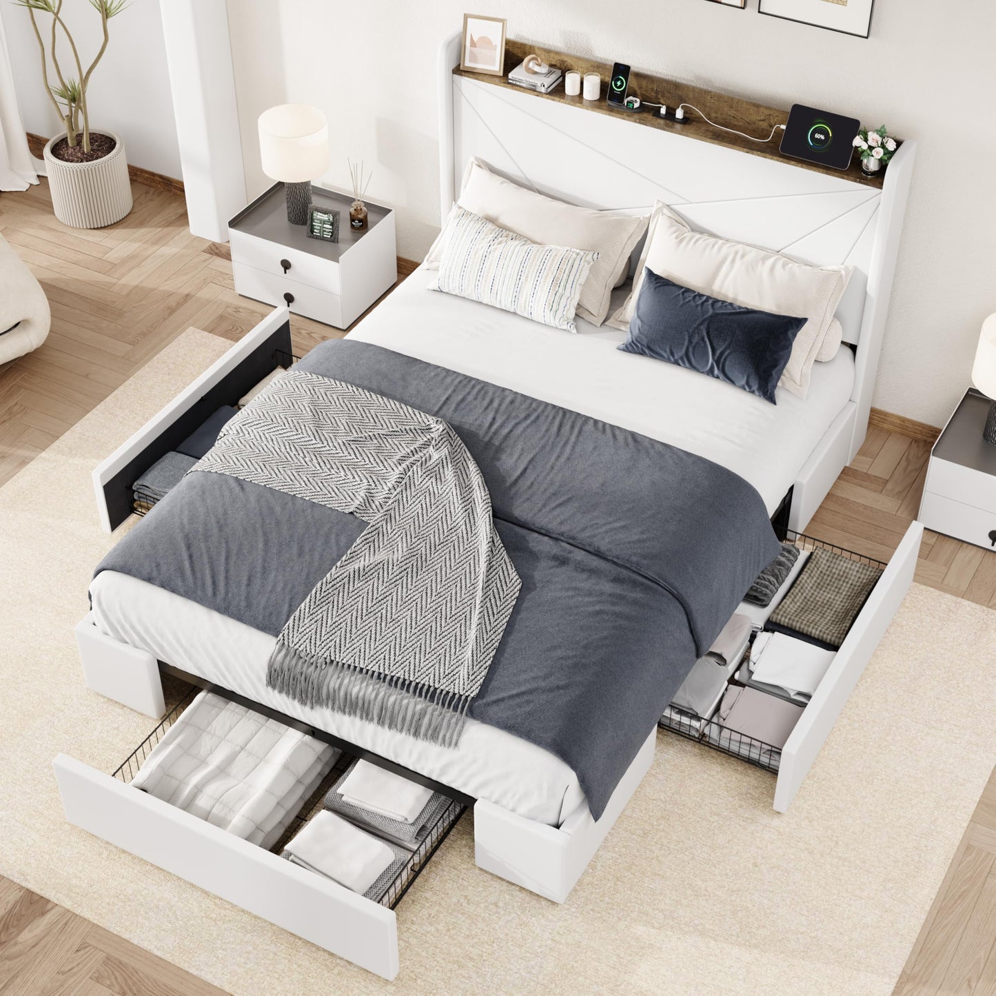 Allewie Full Size Velvet Bed Frame with 3 Storage Drawers, Upholstered Platform Bed with Wingback Storage Headboard and USB Ports, No Box Spring Needed, Easy Assembly, White