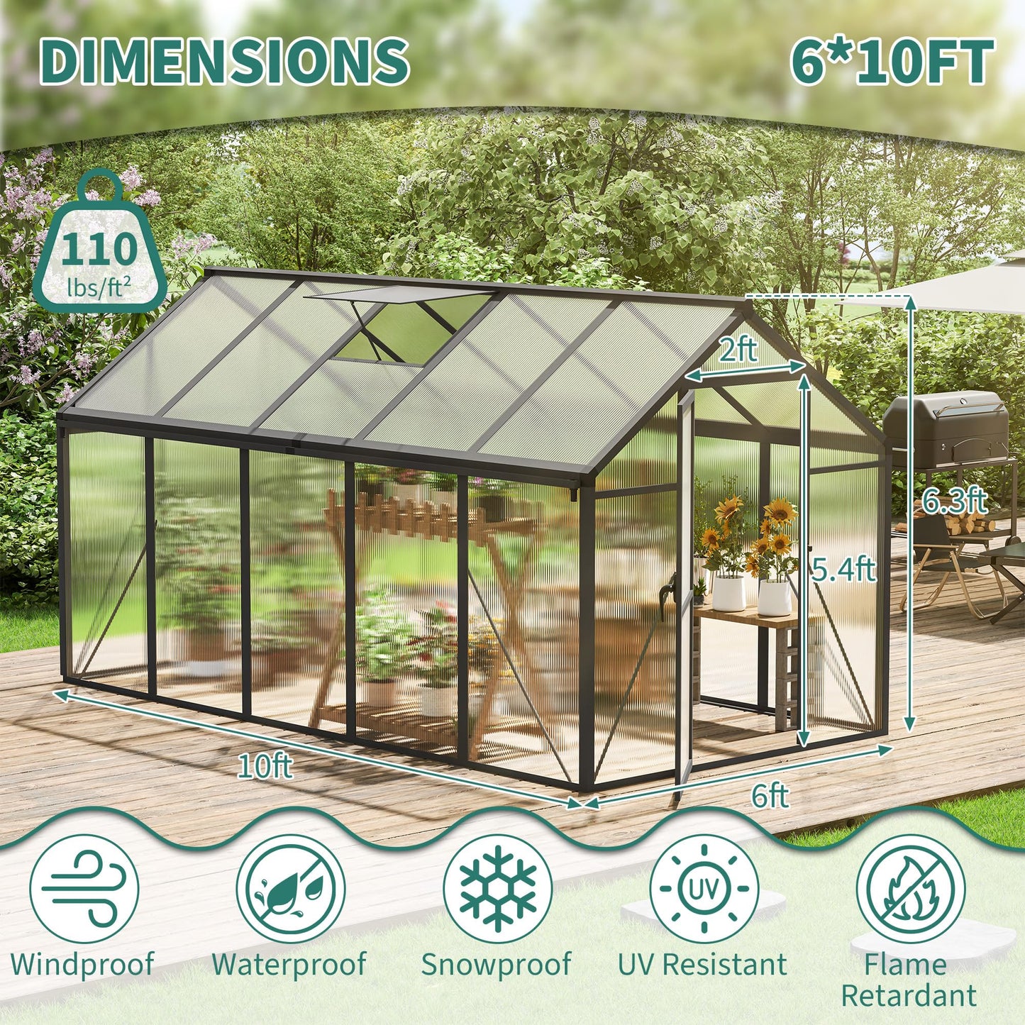 Garvee 6x10ft Greenhouse, Large Walk-in Greenhouse for Outdoors with Roof Vent & Lockable Outward-Opening Swing Door, Heavy Duty Aluminum Frame Polycarbonate Green House for Garden,Backyard,Lawn,Grey