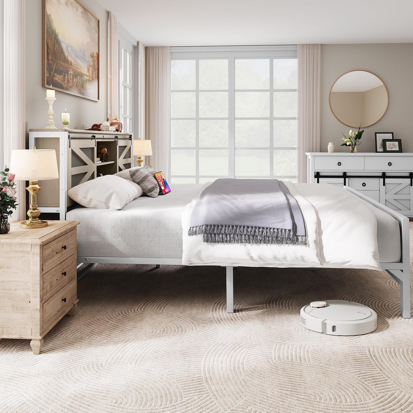 YITAHOME Farmhouse Queen Size Bed Frame with Headboard, Bookcase Storage Shelves, Sliding Grid Barn Door, Charging Station, Rustic Wood Platform Bed, No Box Spring Needed, Oak