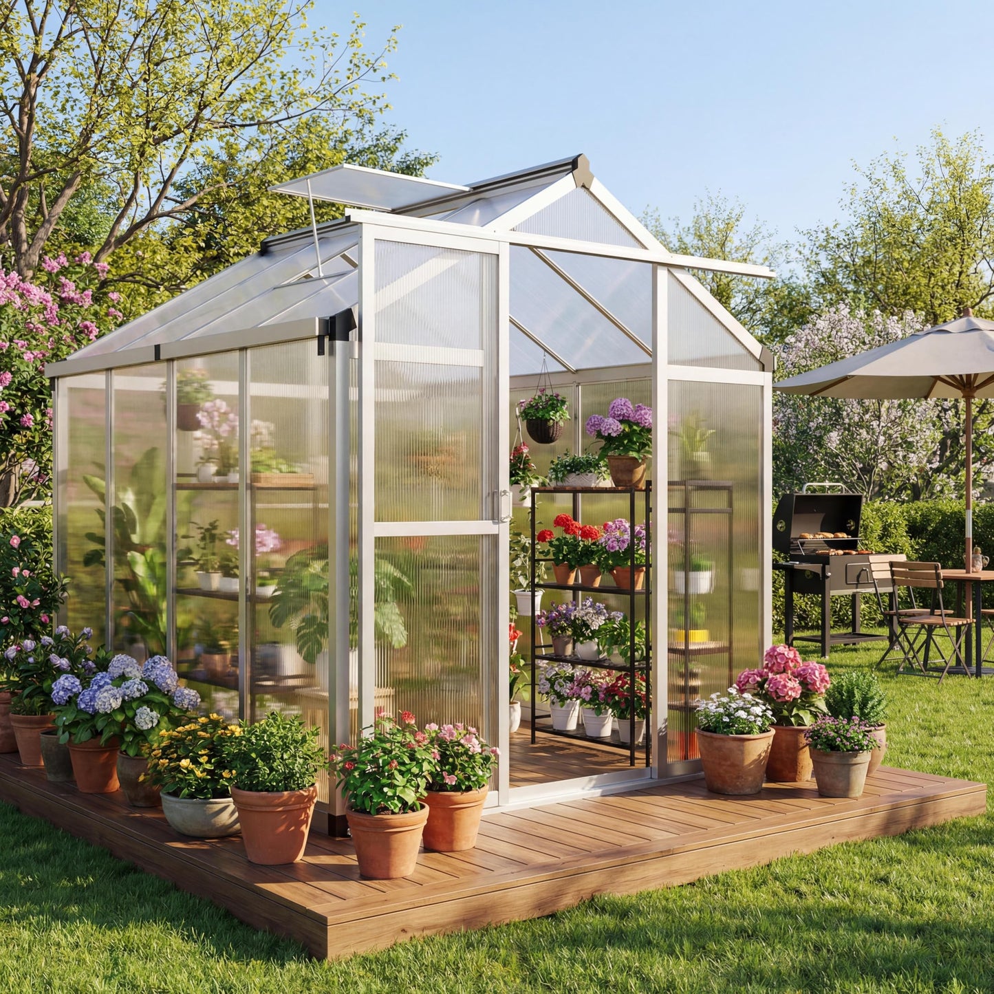 6x8 ft Greenhouse, Polycarbonate Walk-in Greenhouse for Outside with Roof Vent & Lockable Smooth-Gliding Sliding Door, Heavy-Duty Aluminum Green House for Garden, Backyard, Patio, Lawn, Sliver