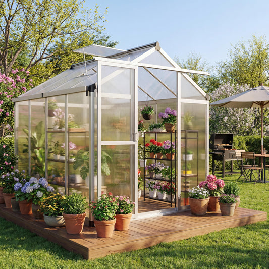 6x8 ft Greenhouse, Polycarbonate Walk-in Greenhouse for Outside with Roof Vent & Lockable Smooth-Gliding Sliding Door, Heavy-Duty Aluminum Green House for Garden, Backyard, Patio, Lawn, Sliver