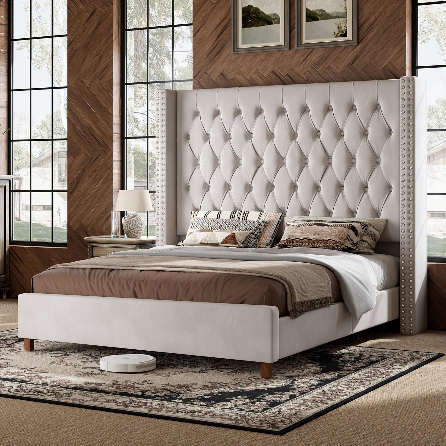 PaPaJet King Bed Frame with 61.4" Tall Wingback Headboard, Velvet Upholstered Platform Bed, No Box Spring Needed, Noise-Free&Easy Assembly, for Family with Kids/Pets & Luxury Home, Cream