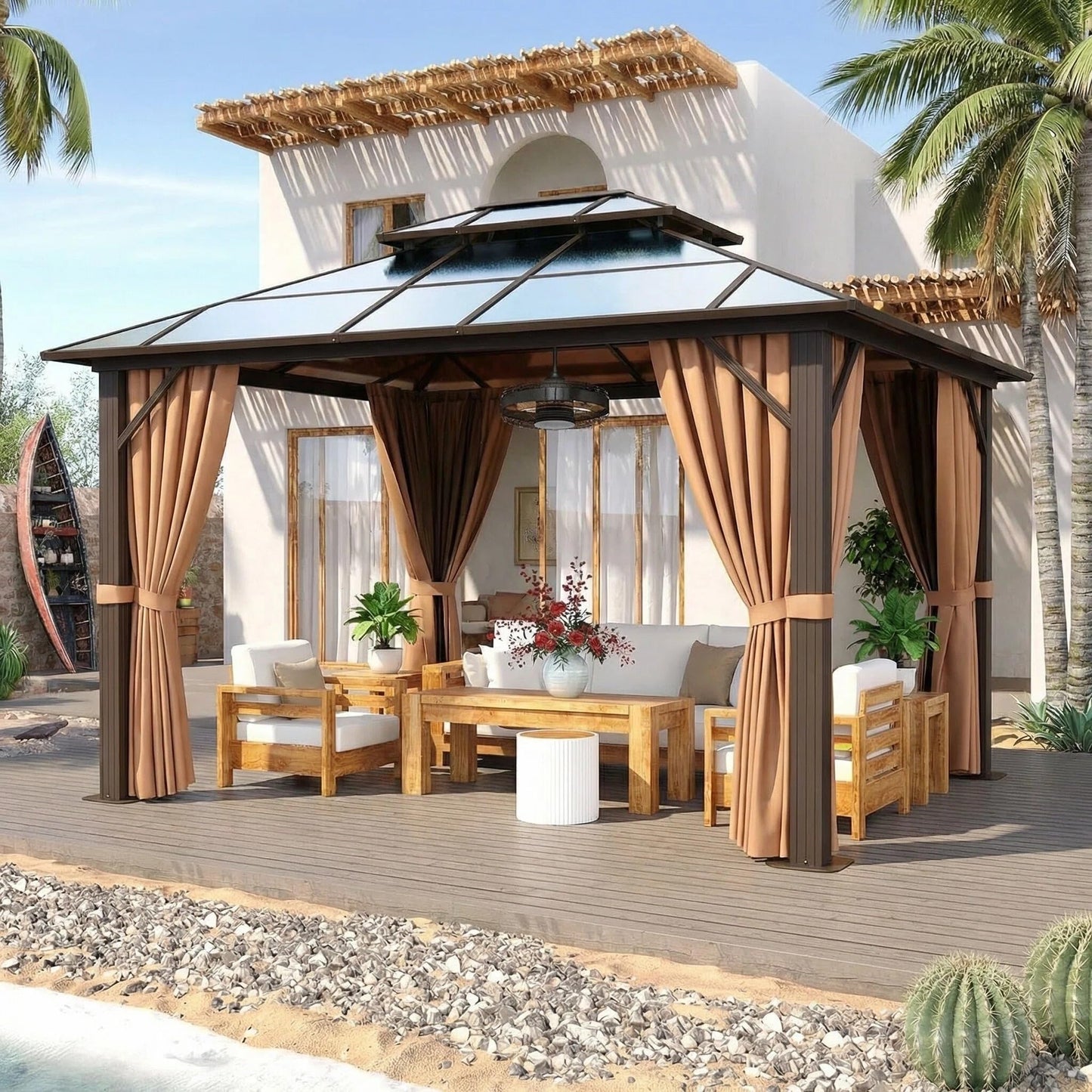 Breezestival 10x12FT Hardtop Gazebo, Aluminum Frame Permanent Pavilion with Ceiling Fan,Curtains and Netting, Outdoor Metal Gazebo Polycarbonate Double Roof Canopy, for Garden,Lawns,Patio (Brown)