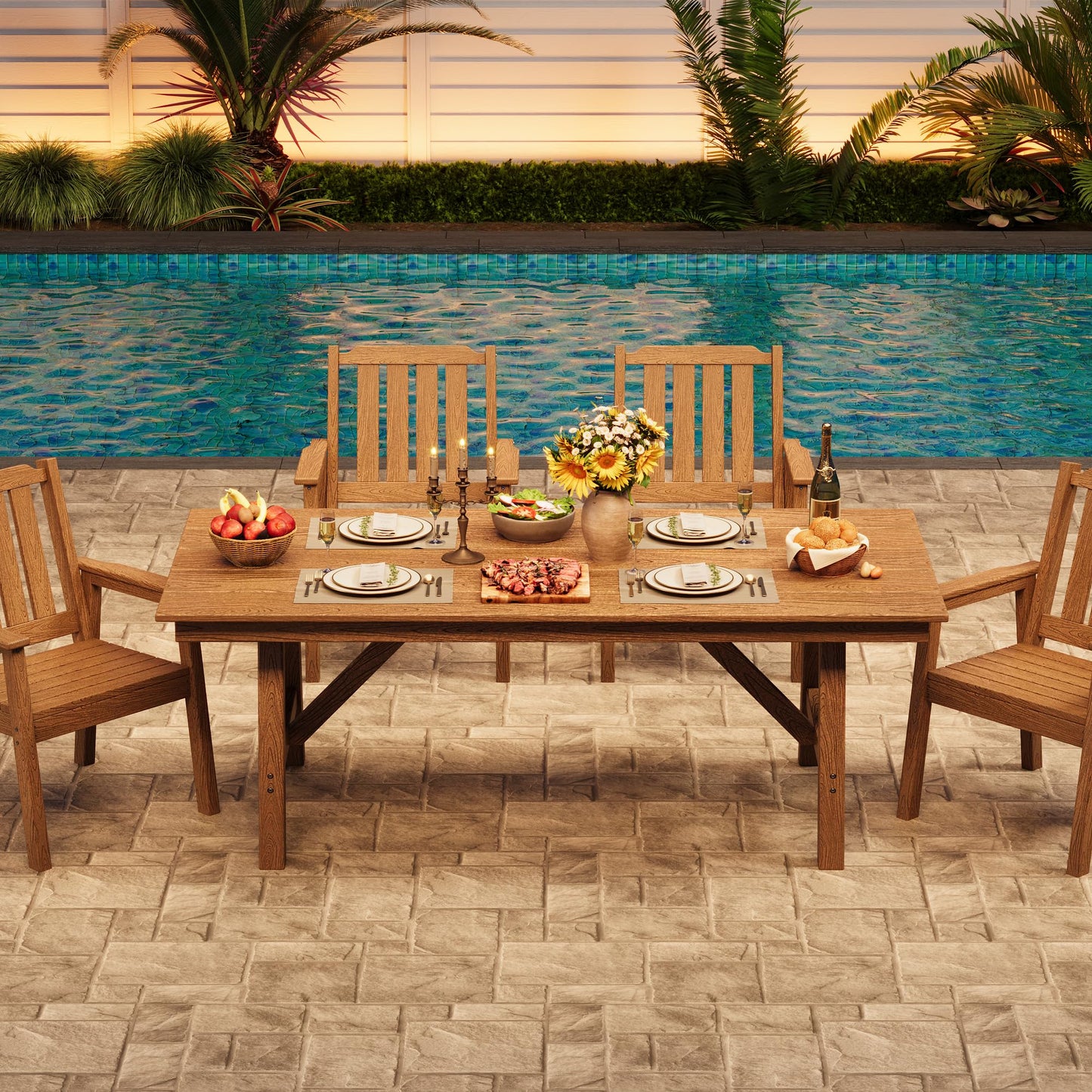 IDEALHOUSE 5-Piece Outdoor Patio Dining Set for 4-6, HDPE Table with Umbrella Hole and Sturdy Aluminum Frame, Weather-Resistant Garden Table and Chairs for Backyard, Poolside and Porch, Brown