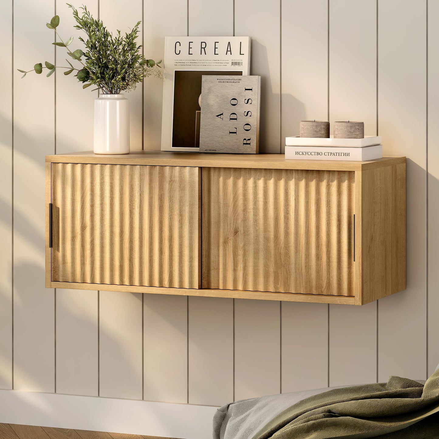 EYYTHUNG Floating TV Stands Set of 2, Modern Fluted Large Floating Nightstand Wall Mounted Bedside Cabinet with Sliding Doors for Bathroom, Living Room, Bedroom, Natural Oak