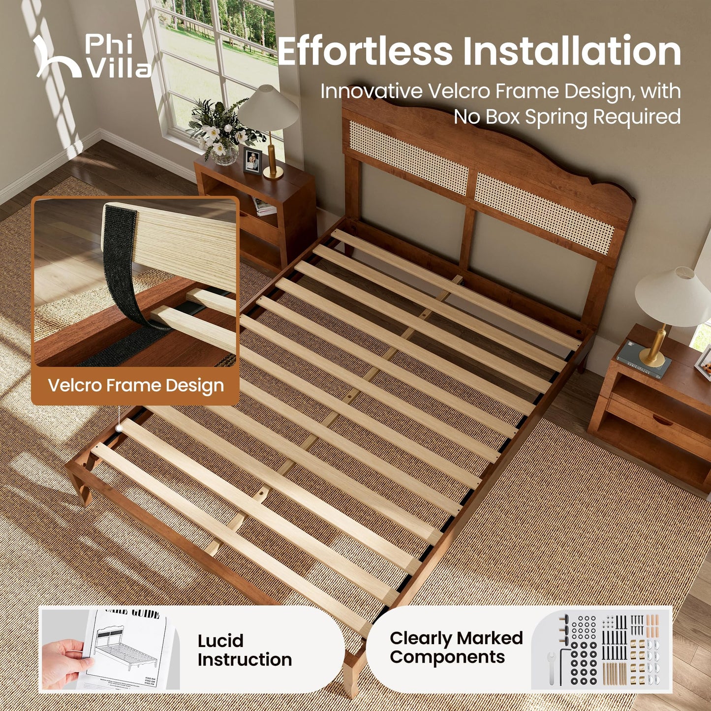 PHI VILLA Rattan Queen Size Bed Frame with Headboard, Natural Solid Wood Bed Frames, Vintage Bedframe, No Box Spring Needed, Brown