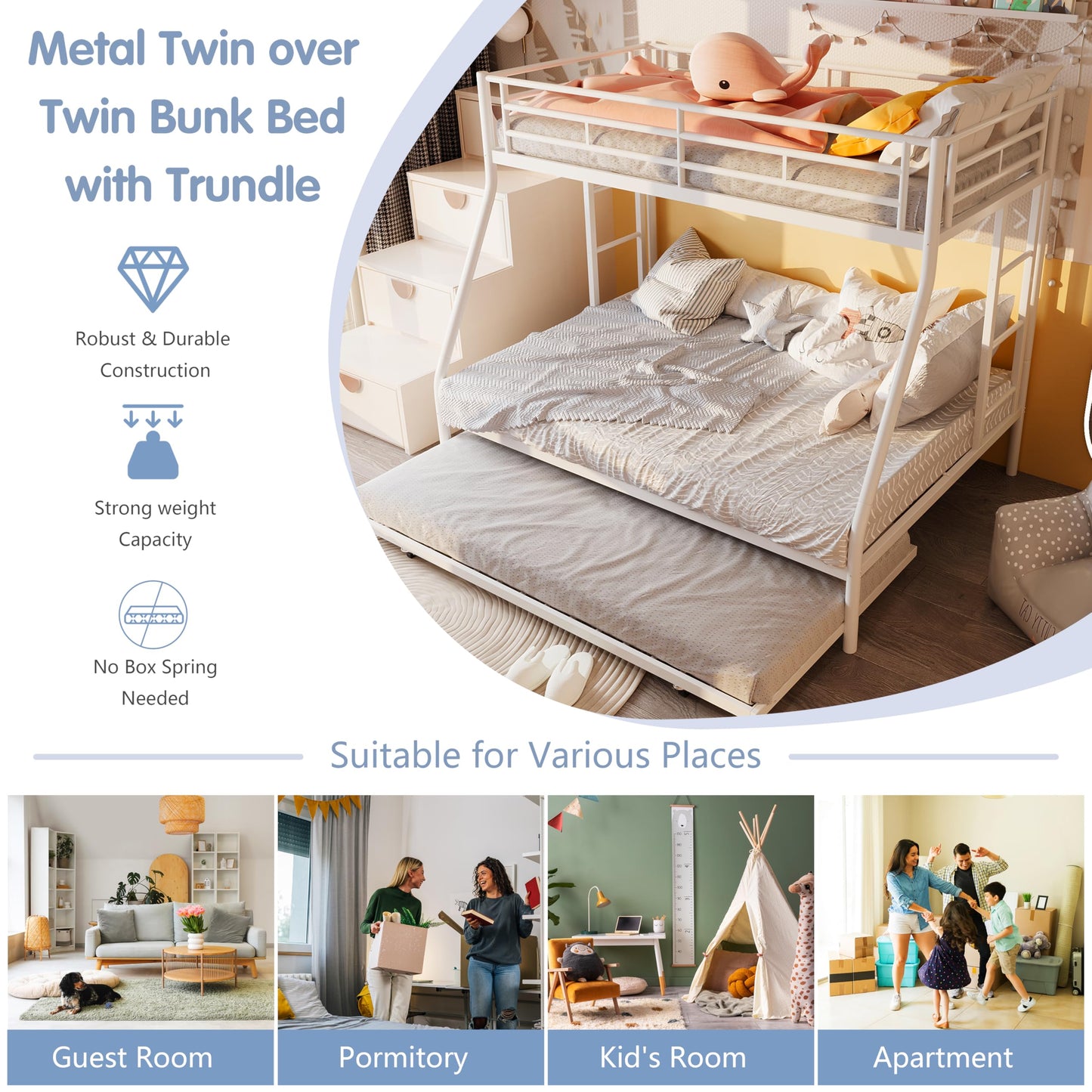 SUNLEI Metal Loft Bed with 2 Secured Ladders, Bunk Bed Twin Over Full with Trundle, Trundle Beds Twin Safety Guard, for Small Bedroom Noise Free (Twin Over Full, Metta Classic White)