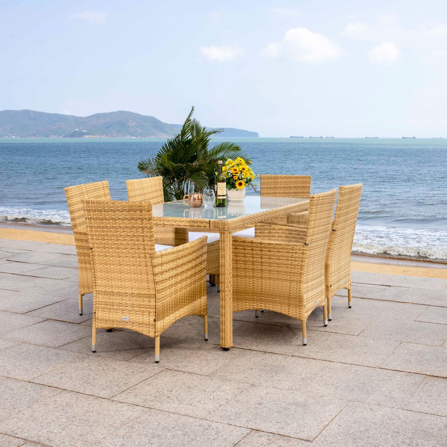 SAFAVIEH Outdoor Collection Jolin Natural/White Cushion Wicker Dining Set