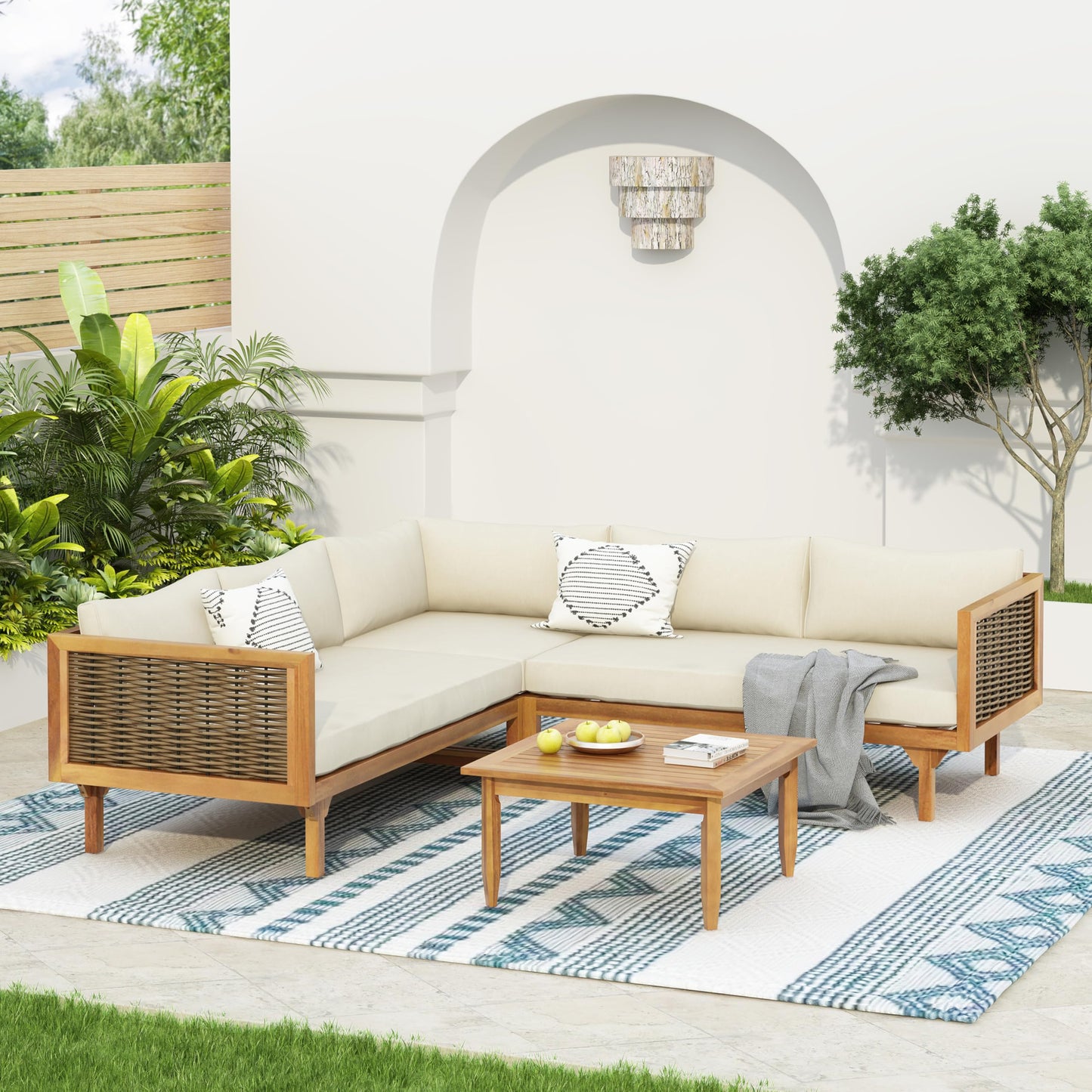 Merax Acacia Wood Outdoor Patio Furniture Set with L Shape Sectional Sofa and Coffee Table for Garden, Backyard, Porch and Balcony