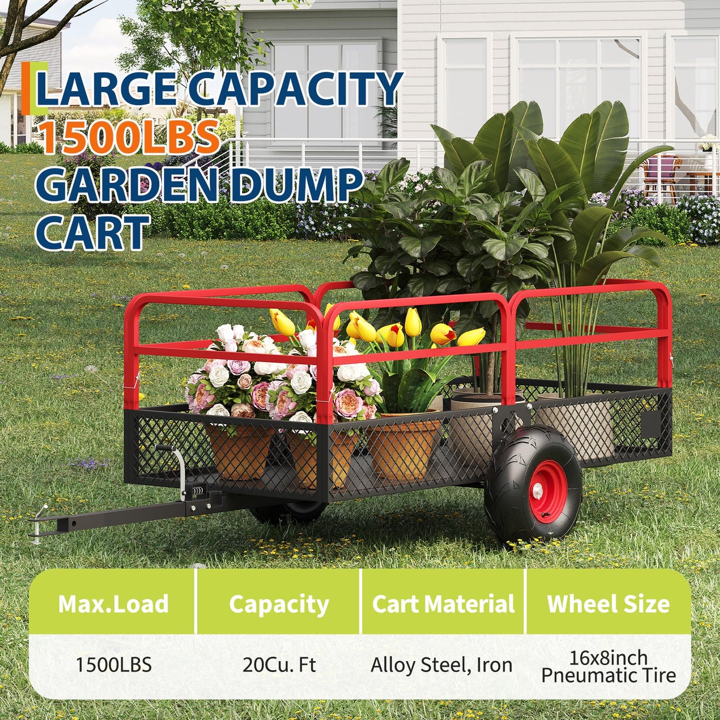 Garvee Tow Behind Dump Trailer for ATV UTV, 1500 lbs 20 Cubic Feet Heavy Duty Yard Garden Trailer Dump Cart Pull Behind with Removable Sides & All Terrain Tires, Fits Lawn Mower, Tractor, Garden