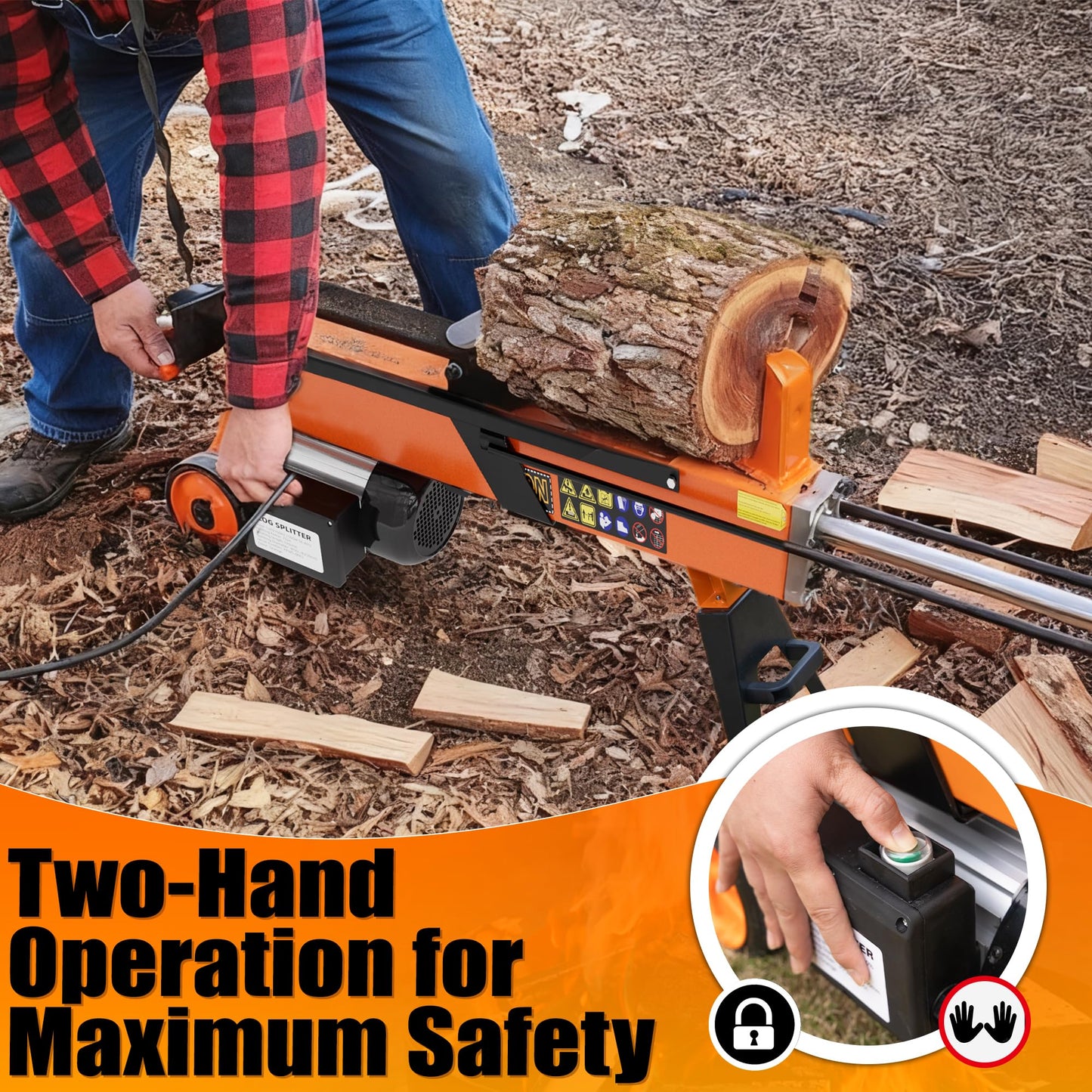 PPOLB 7 Ton Electric Wood Splitter, 15Amp Hydraulic Log Splitter, Portable Electric Log Splitter for Firewood, Compact Horizontal Wood Splitter for Backyard, Garage, Cabin - Orange