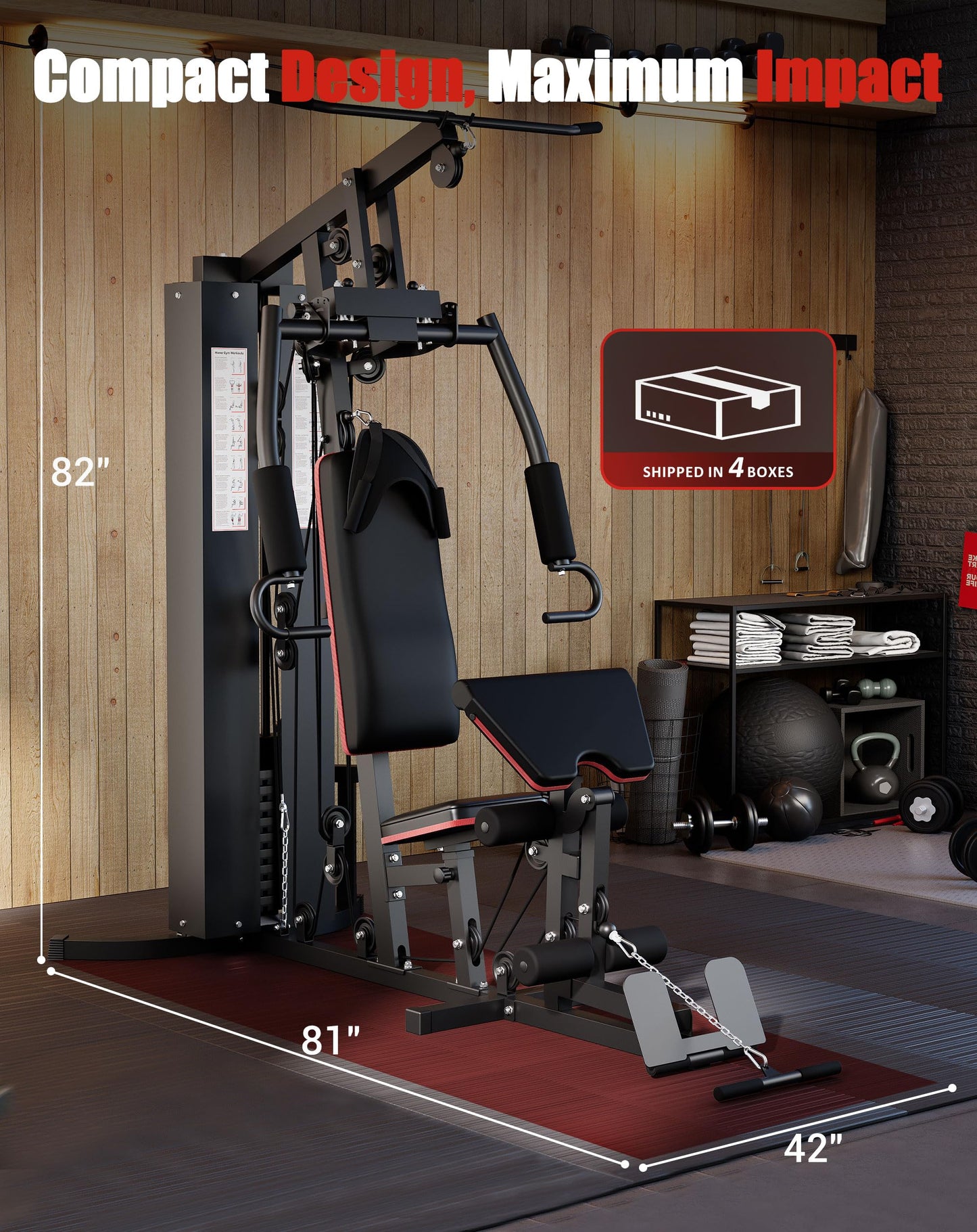 Multifunctional Carbon Steel Home Gym Equipment, Full Body Workout Machine with 150 Lb Weight Stack and Pulley System, Strength Training Exercise Equipment for Home, Black
