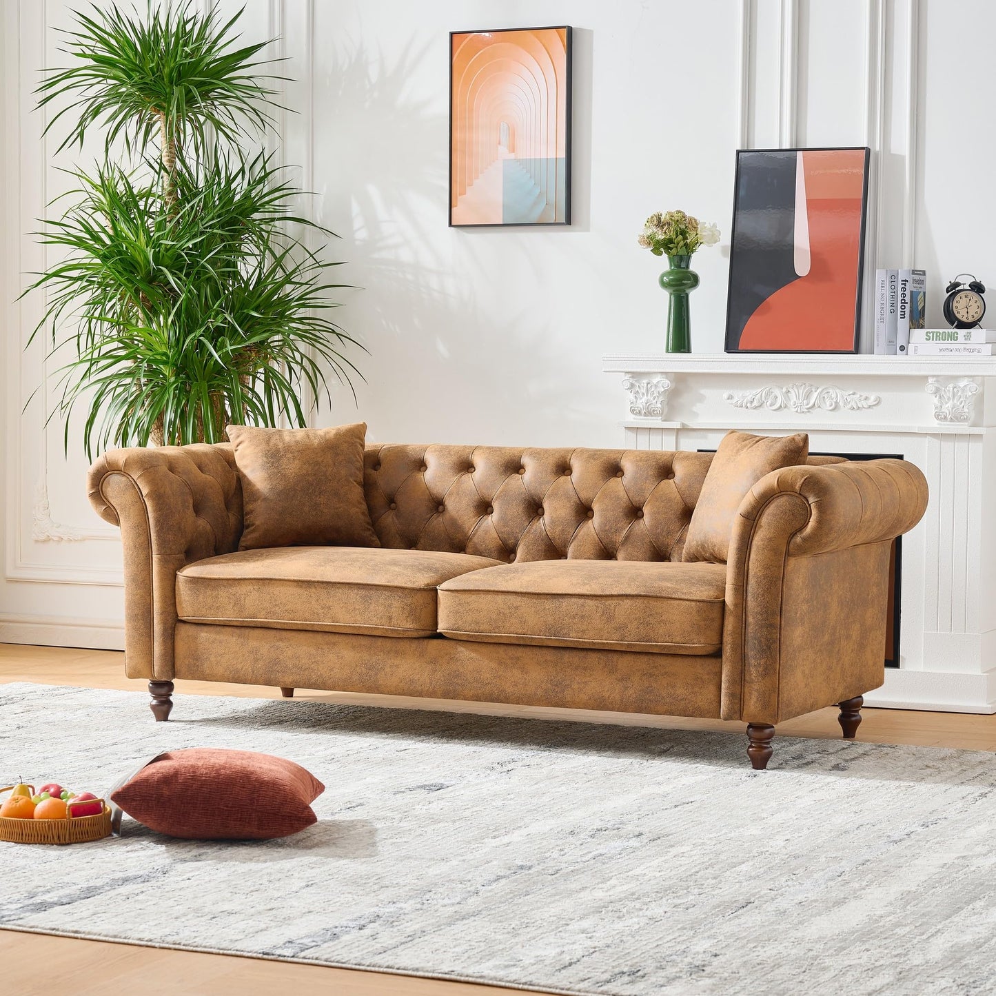 GDFStudio 81" Chesterfield Sofa Couch, 3 Seat Mid Century Modern Sofas & Couches, Fabric Upholstered Couch with Rolled Arms & Pillows, Modern Living Room Sofa for Apartment Office Home Seating, Brown