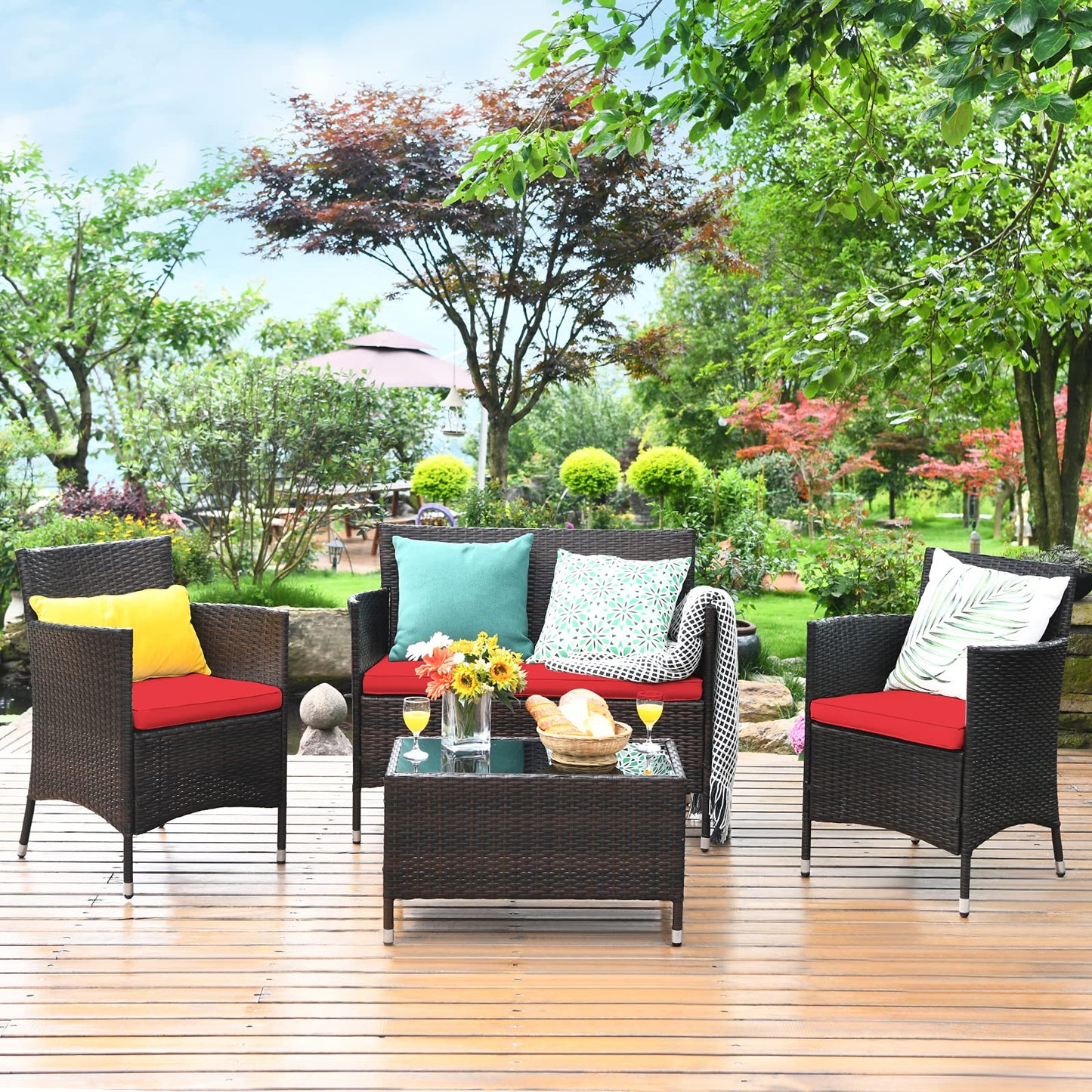 COSTWAY 8PCS Rattan Patio Furniture Set, Outdoor Wicker Rattan Chairs with Coffee Table, Rattan Cushioned Conversation Set for Backyard Balcony Porch Poolside, Red