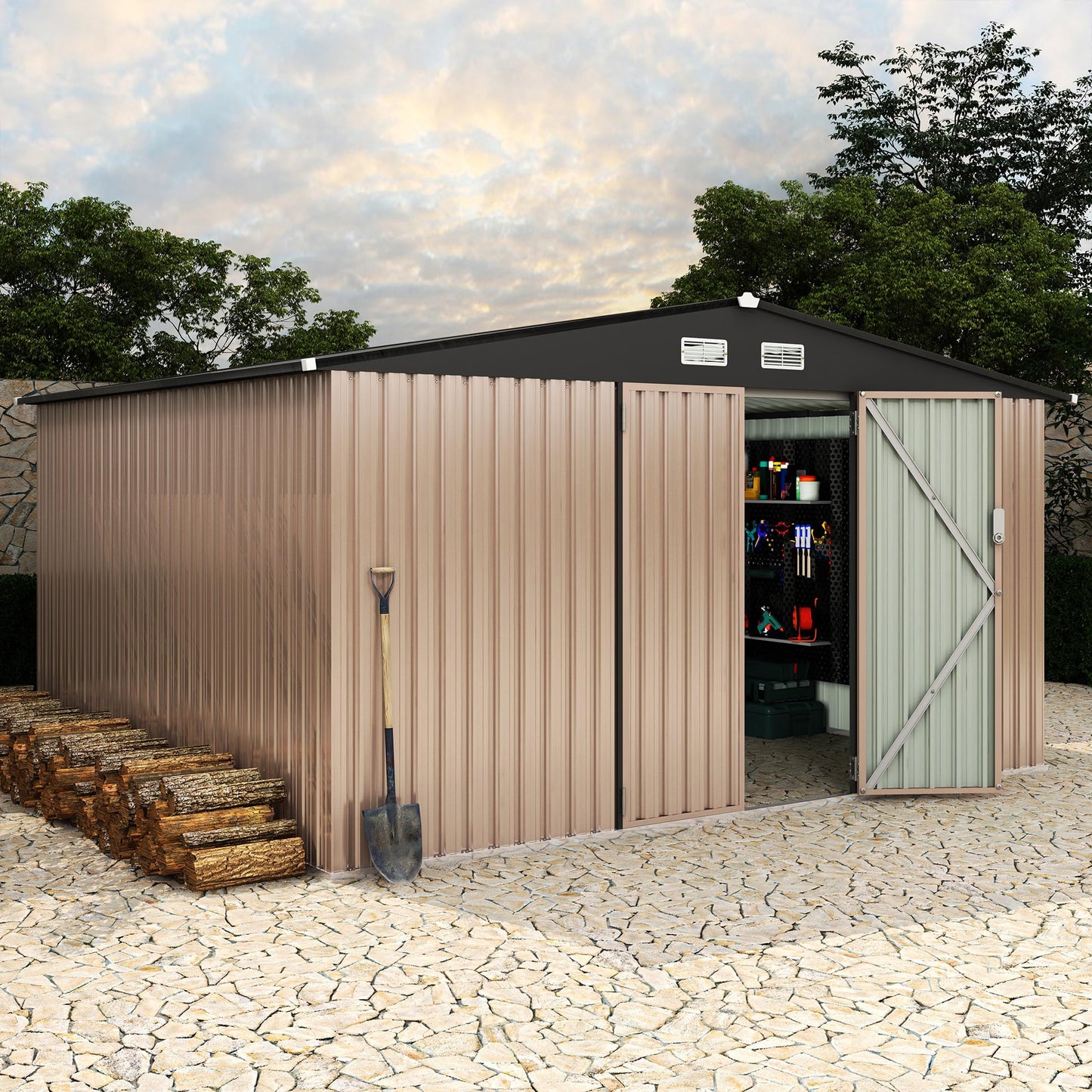 12X10 ft Outdoor Metal Storage Building, Outdoor Shed with Secure Lockable Door & Air Ventilation System, Premium Metal Tool Shed for Garden, Backyard, Patio, Ideal for Lawn Equipment & Tools