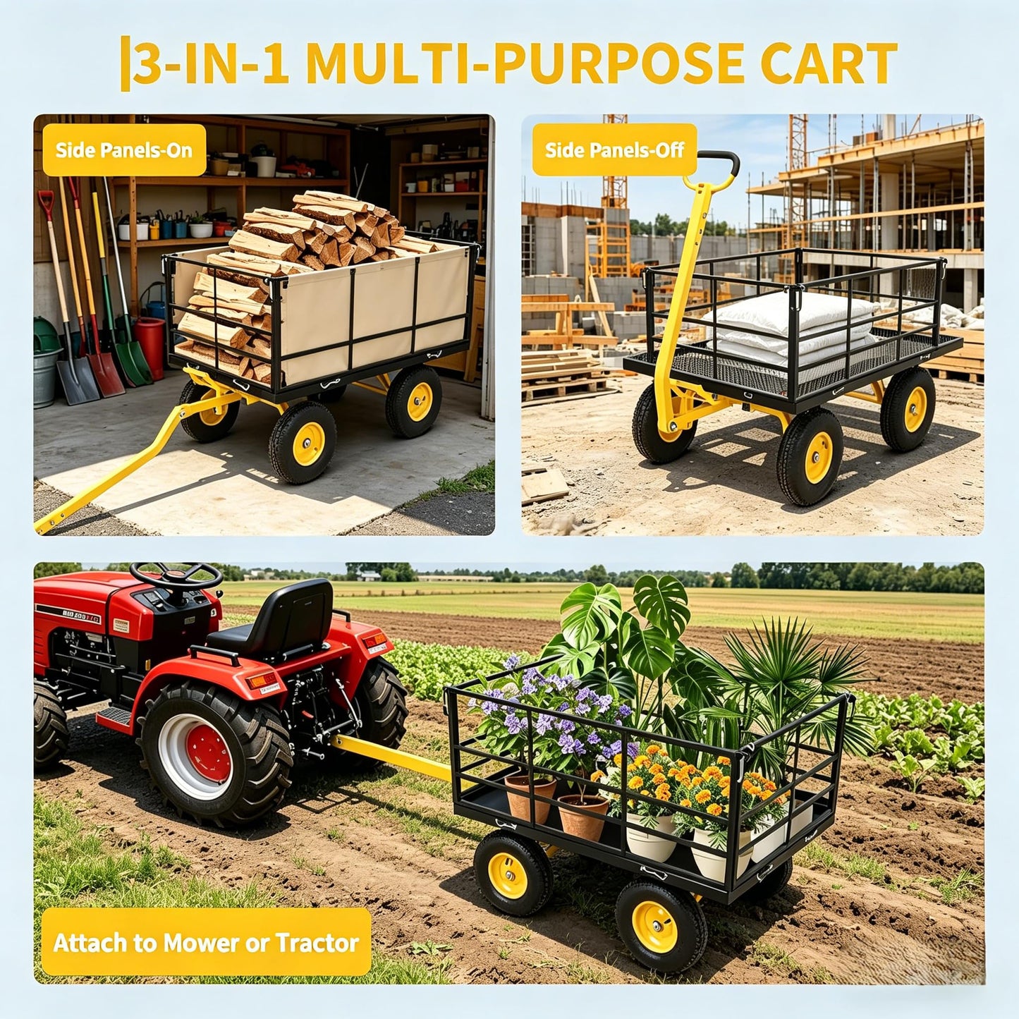 1500Lbs Steel Mesh Garden Cart, Heavy-Duty Utility Wagon with Removable Sides, Outdoor Wagon with Rubber Tire and Handle for Gardening Soil, Tools and Plant Transport(Black)