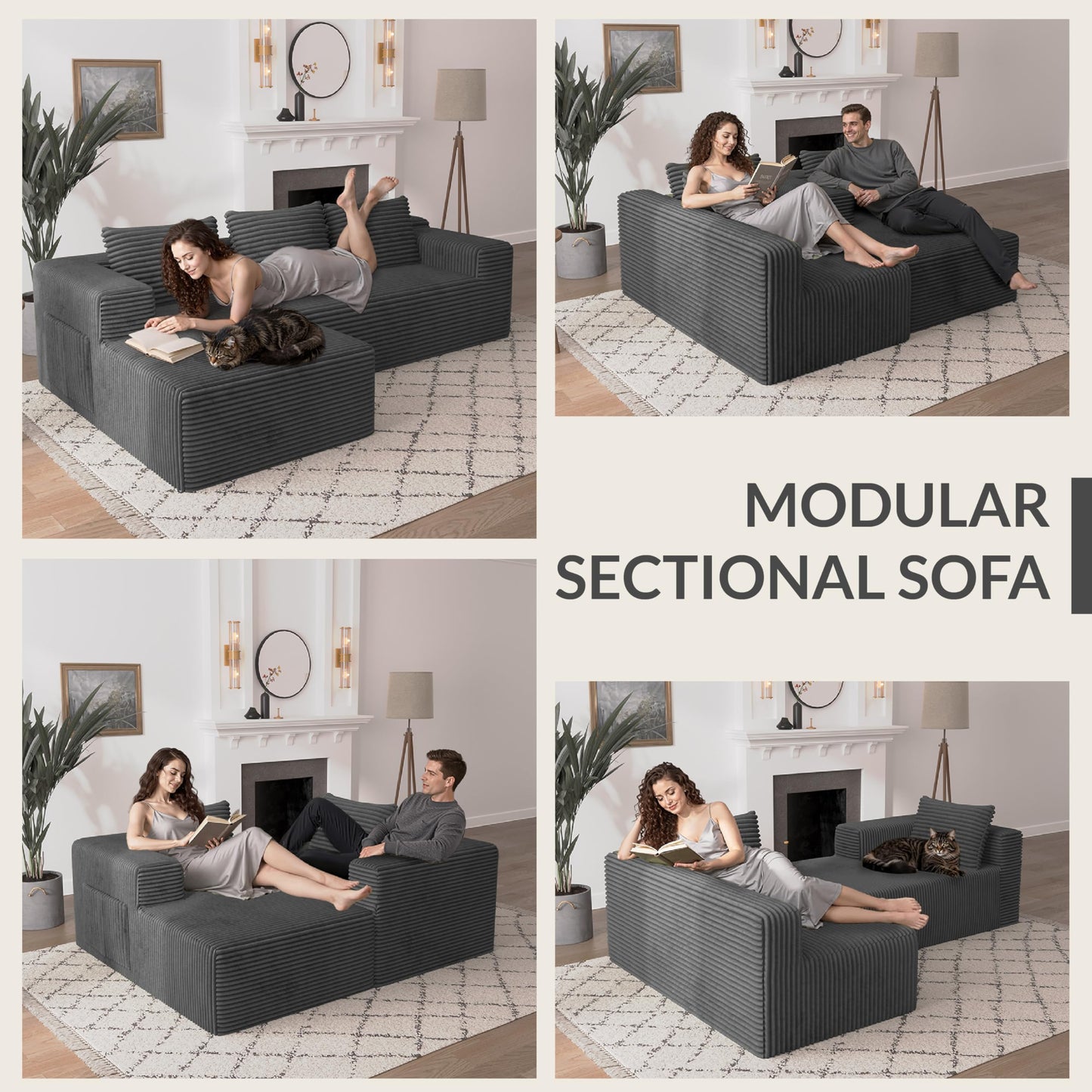 Attalee Modular Sectional Sofa for Living Room, L Shaped Compressed Corduroy Sectional Boneless Couches with Deep Seat and 4 Storage Pockets, Easy Assembly, Dark Grey