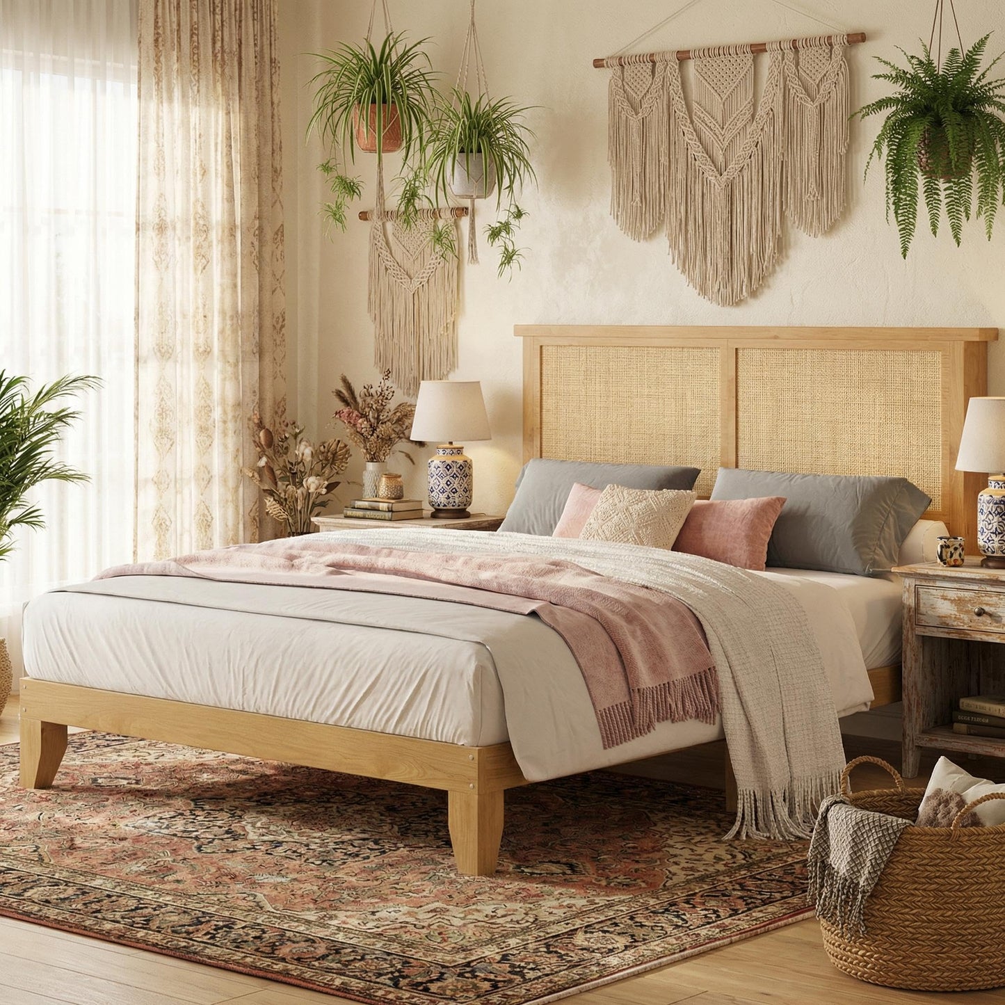 IDEALHOUSE Rattan Bed Frame Queen Size with Natural Rattan Headboard & LED Lights, Wood Queen Bed Frame with Solid Wood Foundation, No Box Spring Needed, Natural