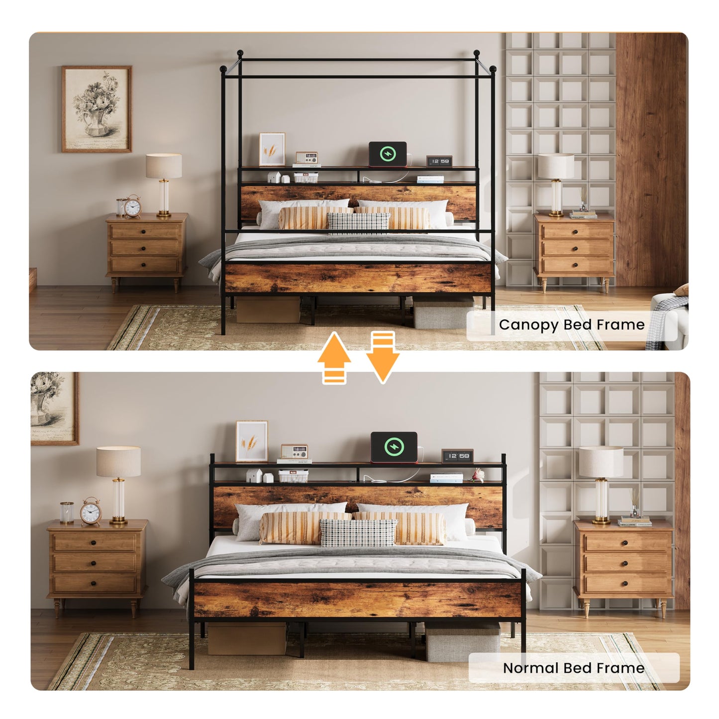 LIKIMIO Canopy Bed Frame King with Storage Headboard & Charging Station, Sturdy Metal Platform Bed with 4 Removable Posts, Dual Purpose Bed Frame, No Box Spring Needed, Noise Free