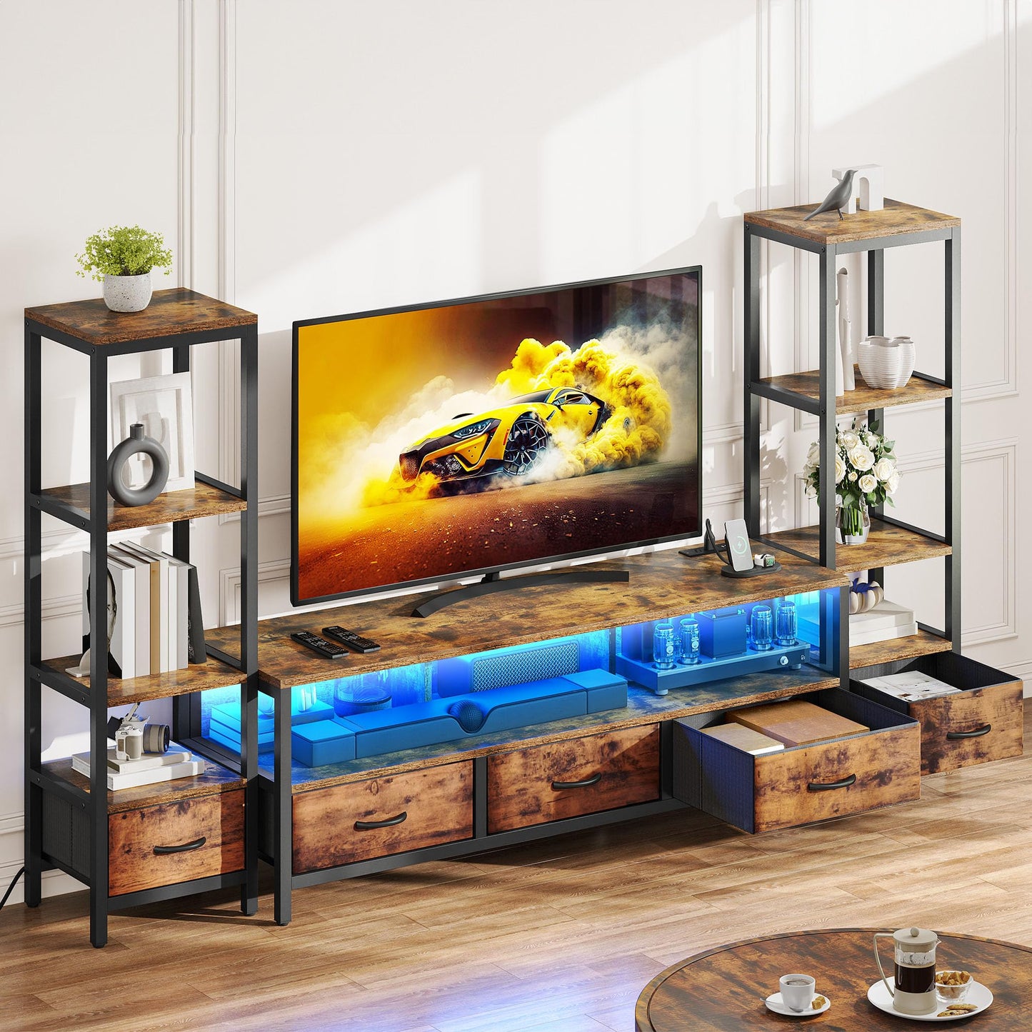 YITAHOME TV Stands for 65 inch TV Entertainment Center with 2 Industrial 4-Tier Bookshelves, LED TV Stands for Living Room, Modern Farmhouse TV Console Cabinet with Power Outlets, Rustic Brown
