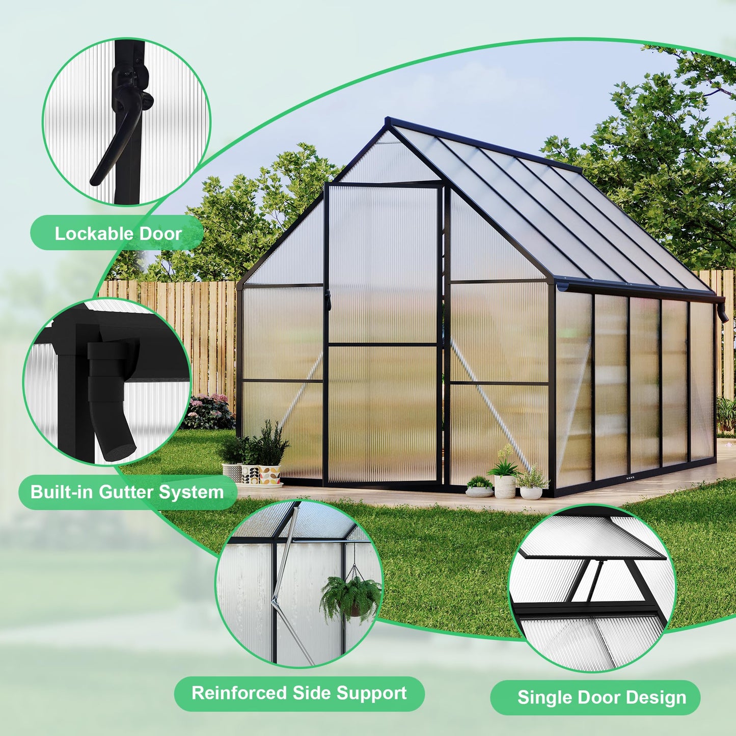 Polycarbonate Greenhouse for Outdoors, Large Walk-InGreenhouse with Quick Setup Structure and Roof Vent, Greenhouse with Ventilation and Rain Gutter