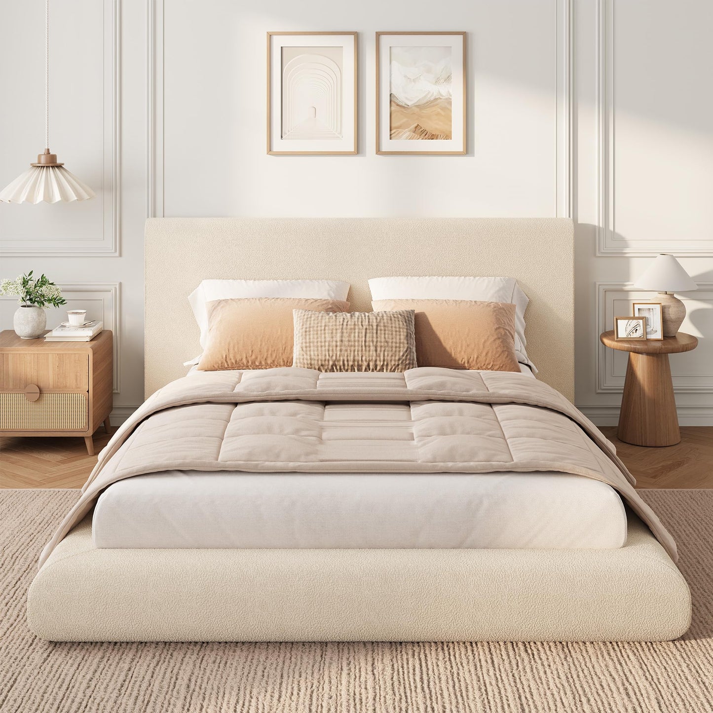 Garvee Queen Size Bed Frame with Upholstered Headboard, Modern Cloud Platform Bed Queen, No Box Spring Needed, Easy Assembly, Soft Plush Fabric, White